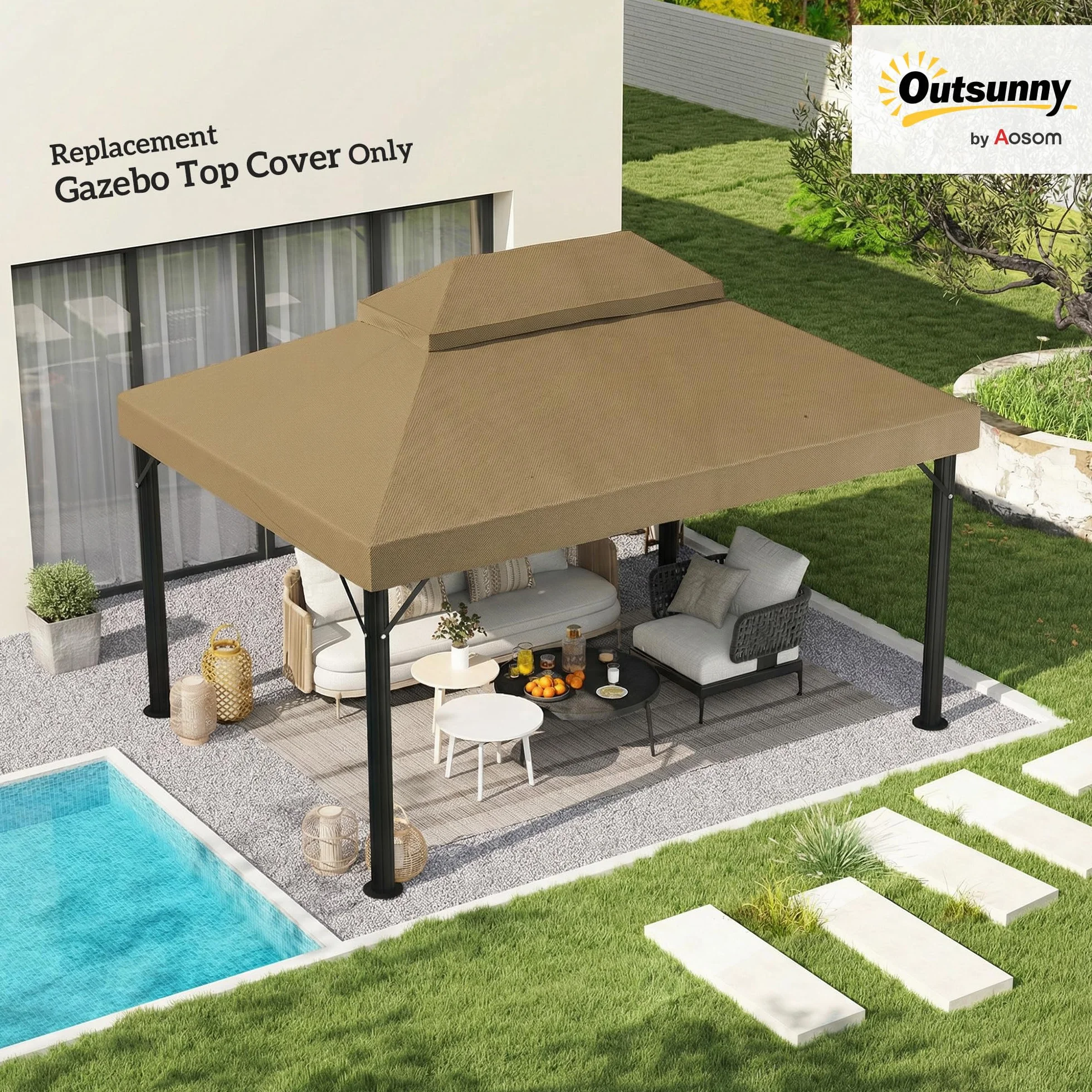 Outsunny Płótno do pawilonu 4 x 3 m, podwójny dach z otworami drenażowymi, poliester o wysokiej gęstości 370 g/m², ochrona przeciwsłoneczna UPF30+, płótno w zestawie, beżowy