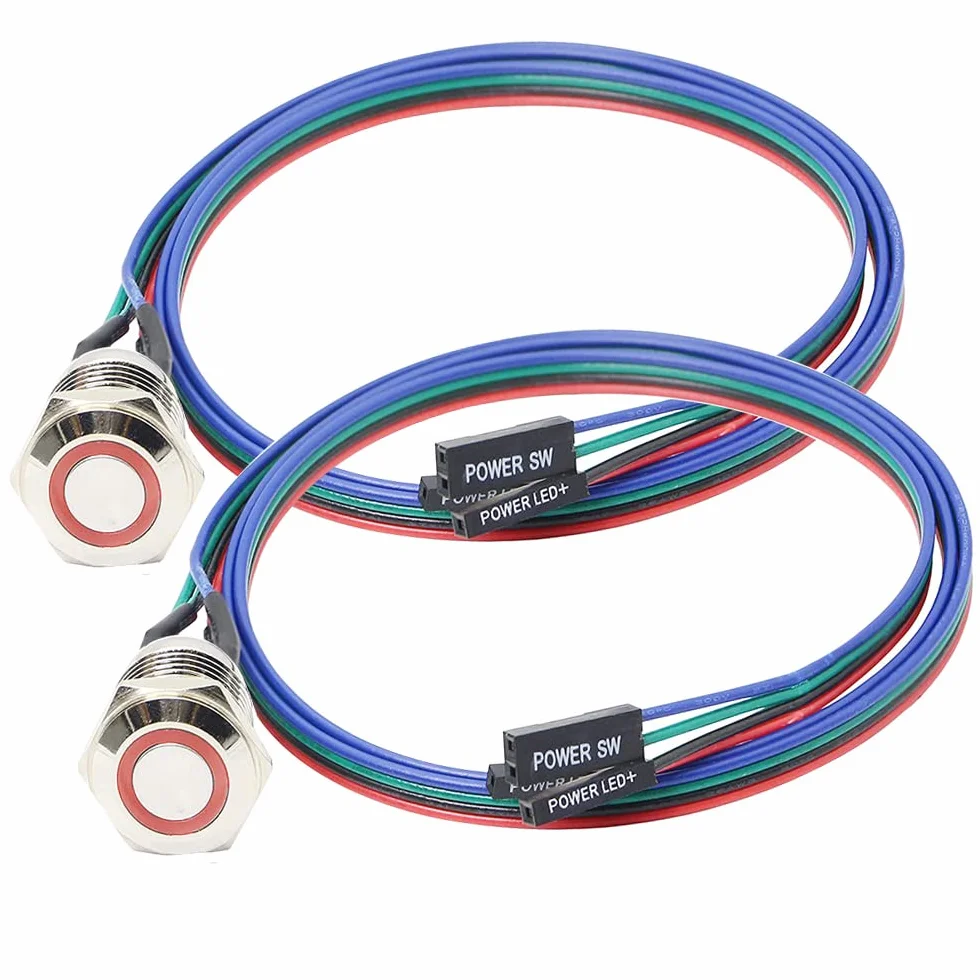 Guuzi Przełącznik podwozia hosta metalowy przycisk, przełącznik komputera hosta obudowa komputera przycisk zasilania LED zasilanie włączanie/wyłączanie ATX dla DIY przełącznik 60cm-2 szt. (12 mm)