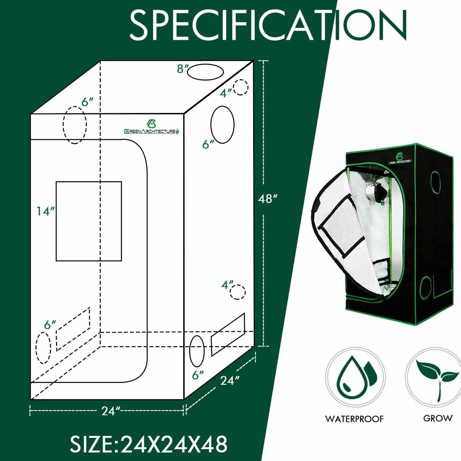 GA Grow namiot do uprawy 60 x 60 x 120 cm, odblaskowy namiot do uprawy hydroponicznej mylaru, z oknem obserwacyjnym i wodoodporną tacą podłogową do uprawy roślin w pomieszczeniach, 50 x 5 cm