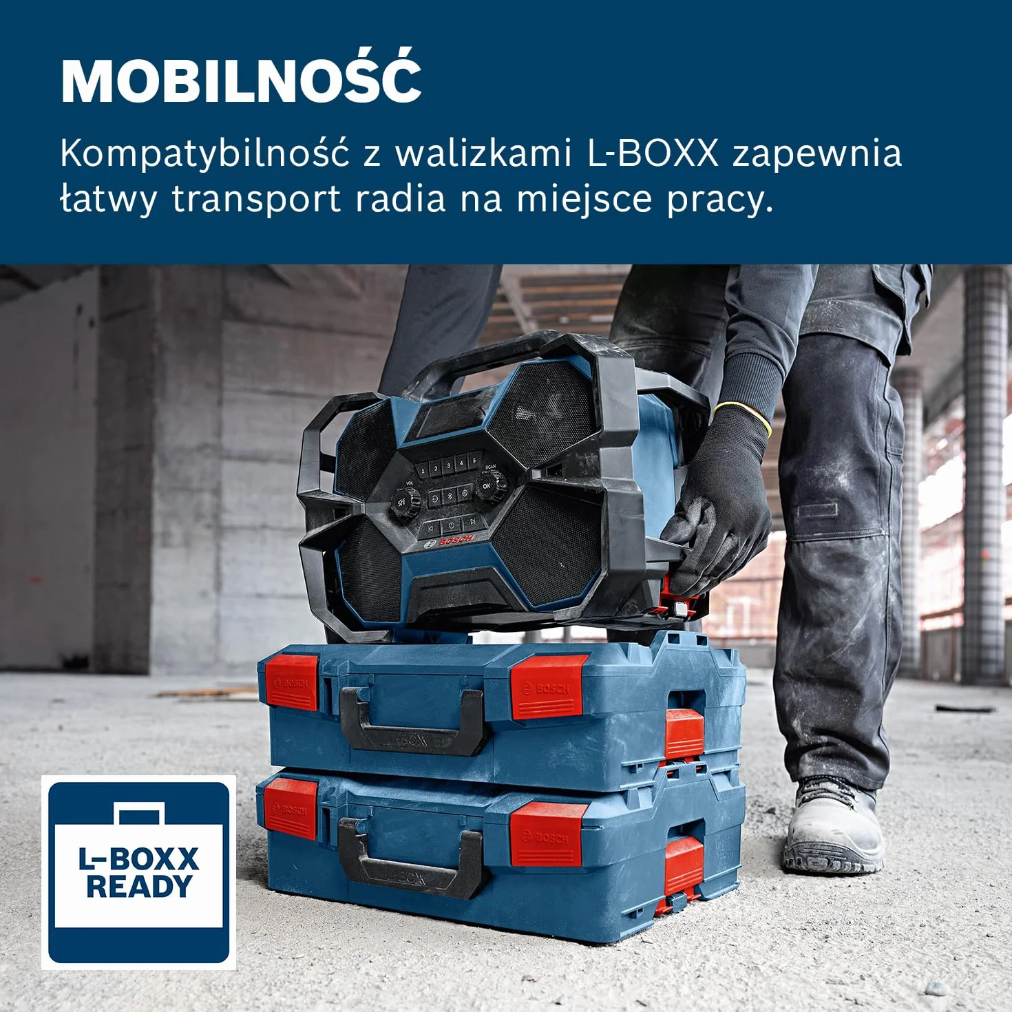 Bosch Professional 18 V / 12 V firmy Bosch: akum. radio budowlane GPB 18VH-6 SRC (ładowanie akum. 18 V i 12 V w narzędziu, otwieracz do butelek, 2 baterie AAA, folia ochr. na ekran, bez akum./ład.)