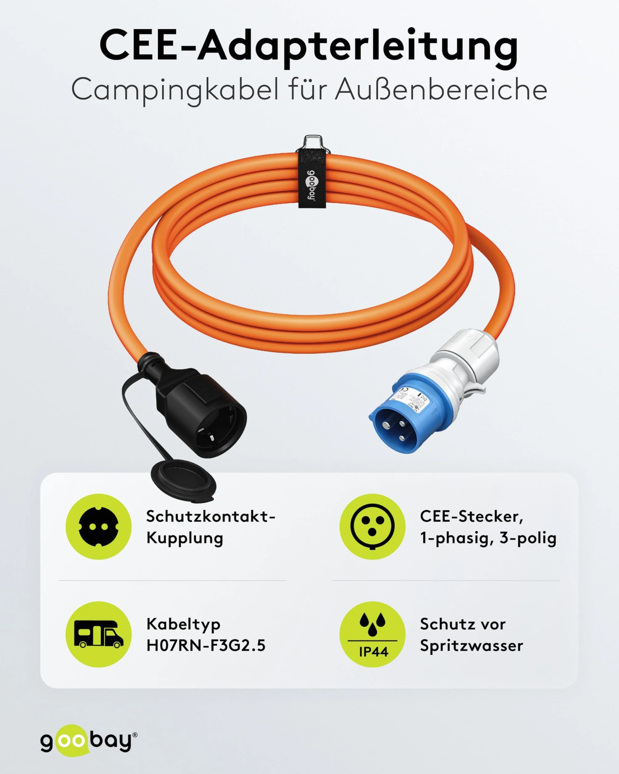 goobay Kabel adaptera CEE do przyczepy kempingowej, 1,5 m, wtyczka CEE do gniazdka ochronnego, do użytku na zewnątrz z IP44, 76223