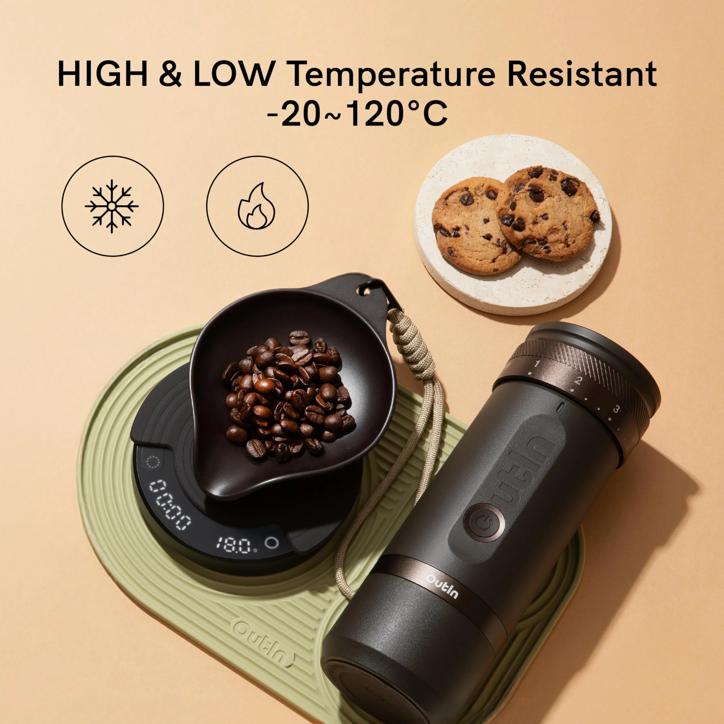 OutIn Kubek dozujący do ziaren kawy, taca z paskiem, lekka i trwała miarka, działa od -20°C do 120°C (-20℃ do 120℃) do domu i podróży
