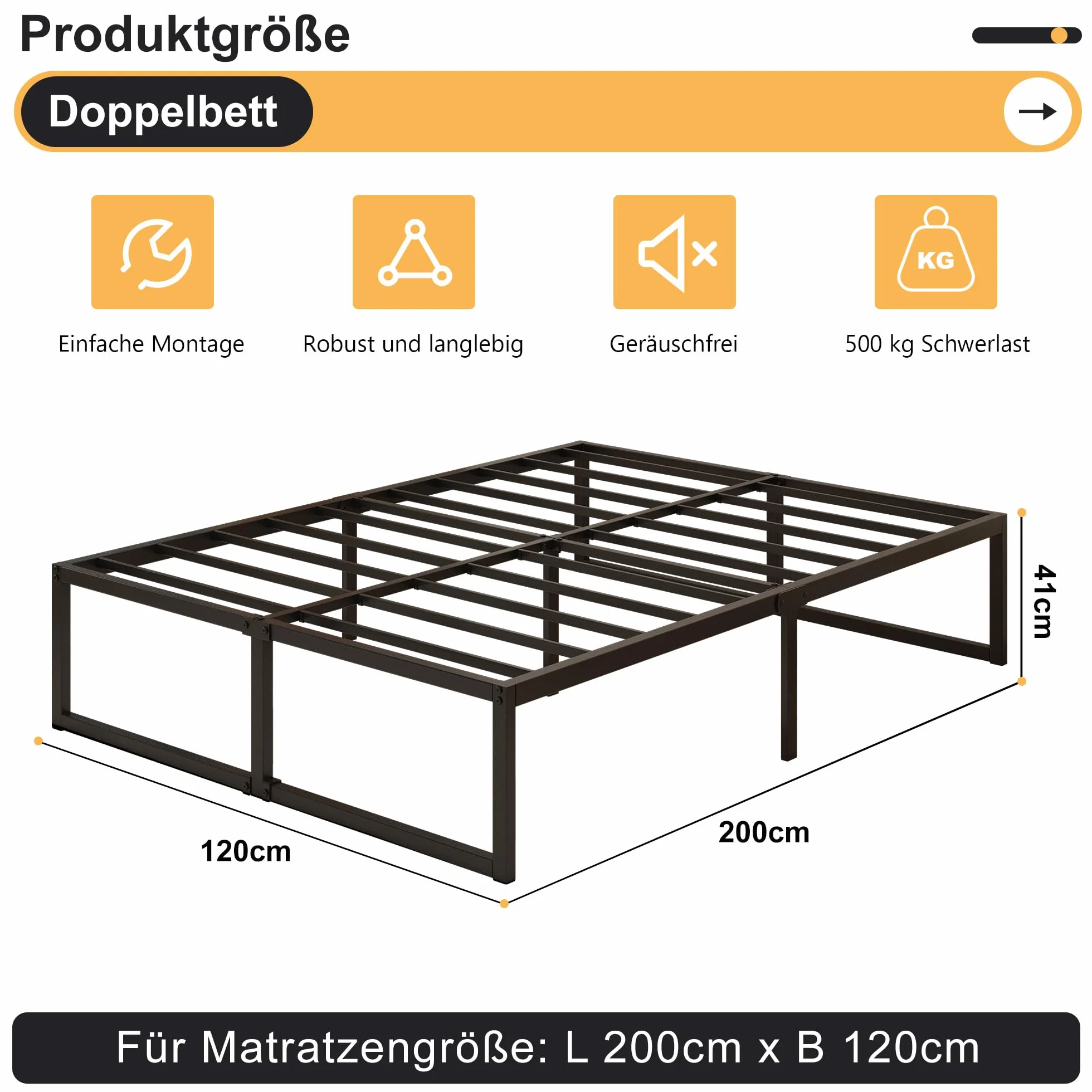 Yicensen Metalowe łóżko 120 x 200 cm ze stelażem metalowym, wysokość 41 cm, rama łóżka, łóżko podwójne, stabilny, łatwy montaż, czarne