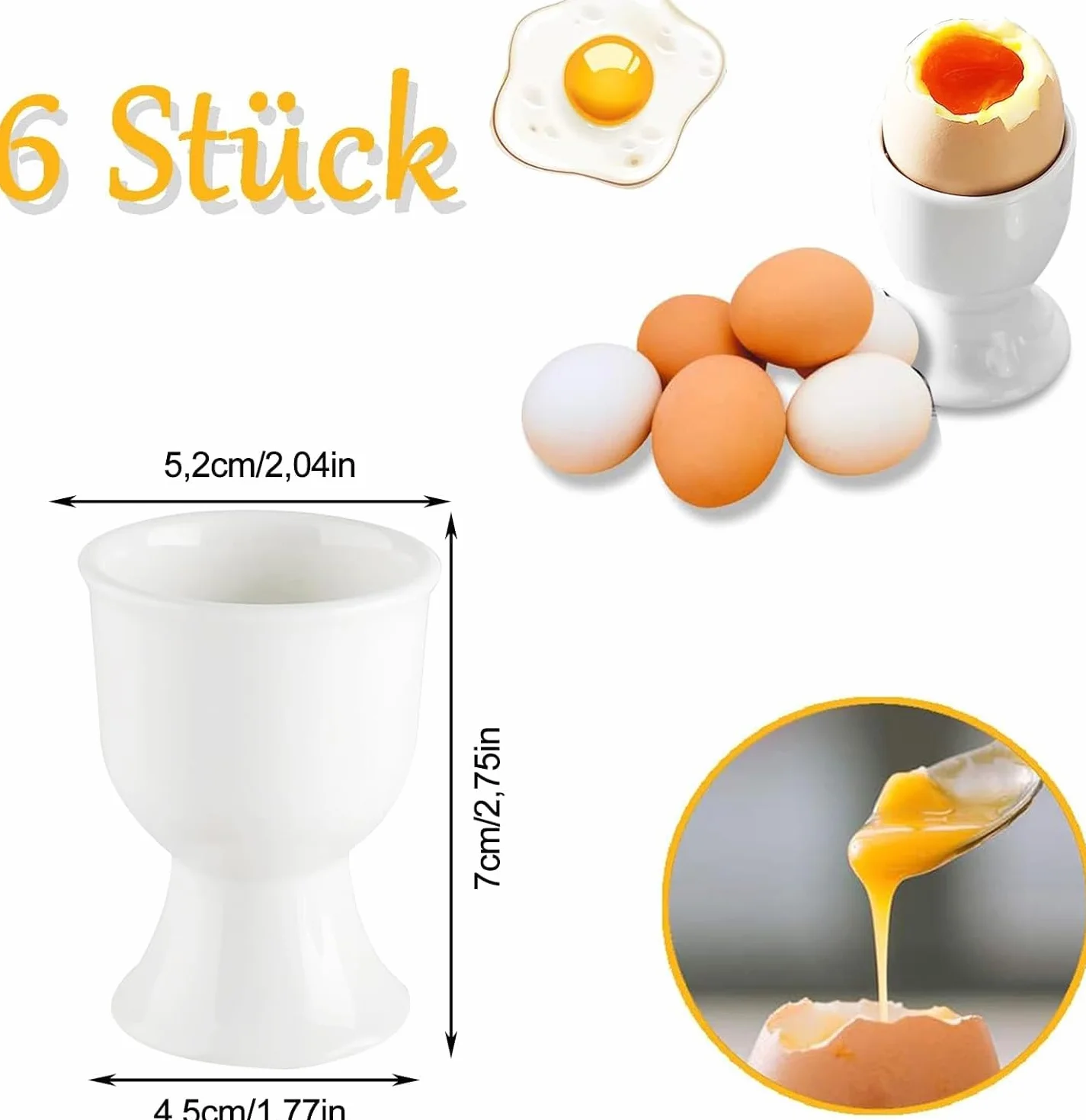 Zestaw kieliszków do jajek z porcelany, 6 sztuk, biała porcelana, stojak na jajka, 7 x 5,2 cm, biała porcelana, biały, na każdy stół śniadaniowy, jajka na twardo i miękko