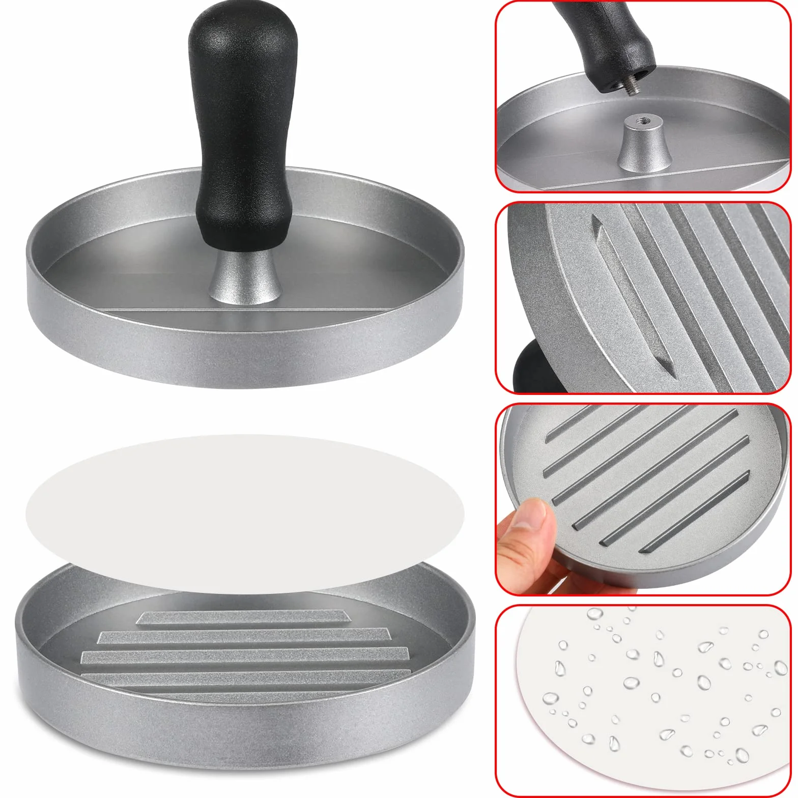 Prasa do burgerów i 100 arkuszy papieru woskowego, nieprzywierający maker do kotletów hamburgerowych do produkcji Quarter Lb lub dużych nadziewanych burgerów kieszonkowych o wadze 1/3 funta, aluminium