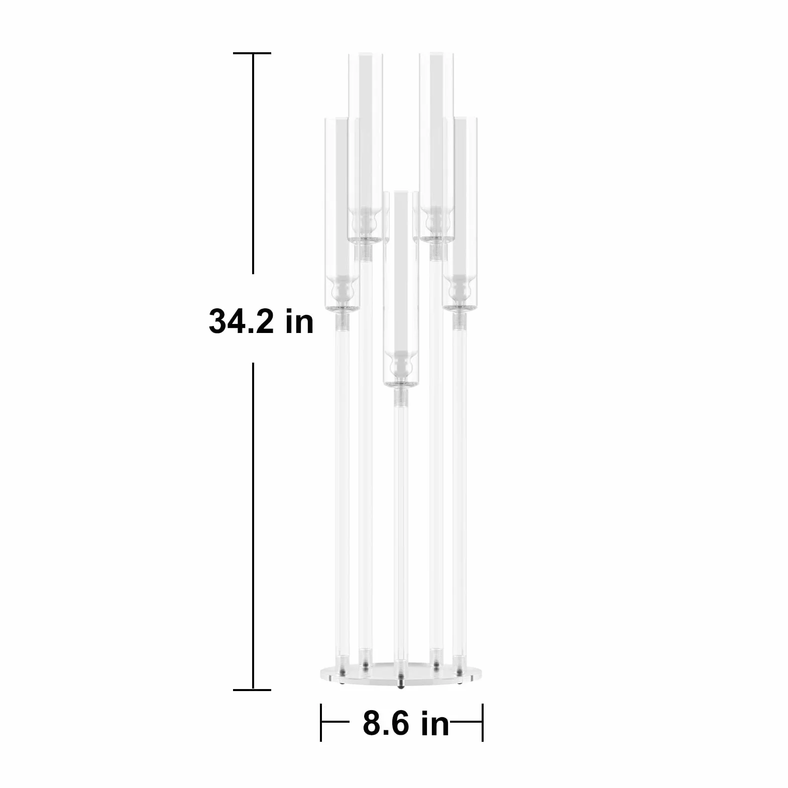 Yokawe Zestaw 4 świeczników o wysokości 87 cm wysokości, przezroczysty, 5-ramienny świecznik z akrylowym odcieniem, stożkowy świecznik LED, 1 zestaw
