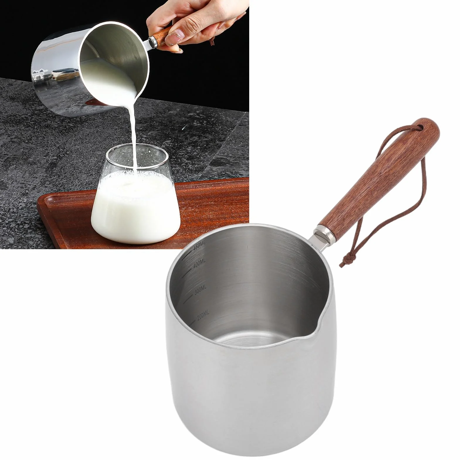 Mini Podgrzewacz do Masła ze Stali Nierdzewnej 450ML - Mała Patelnia do Sosu z Drewnianą Rączką