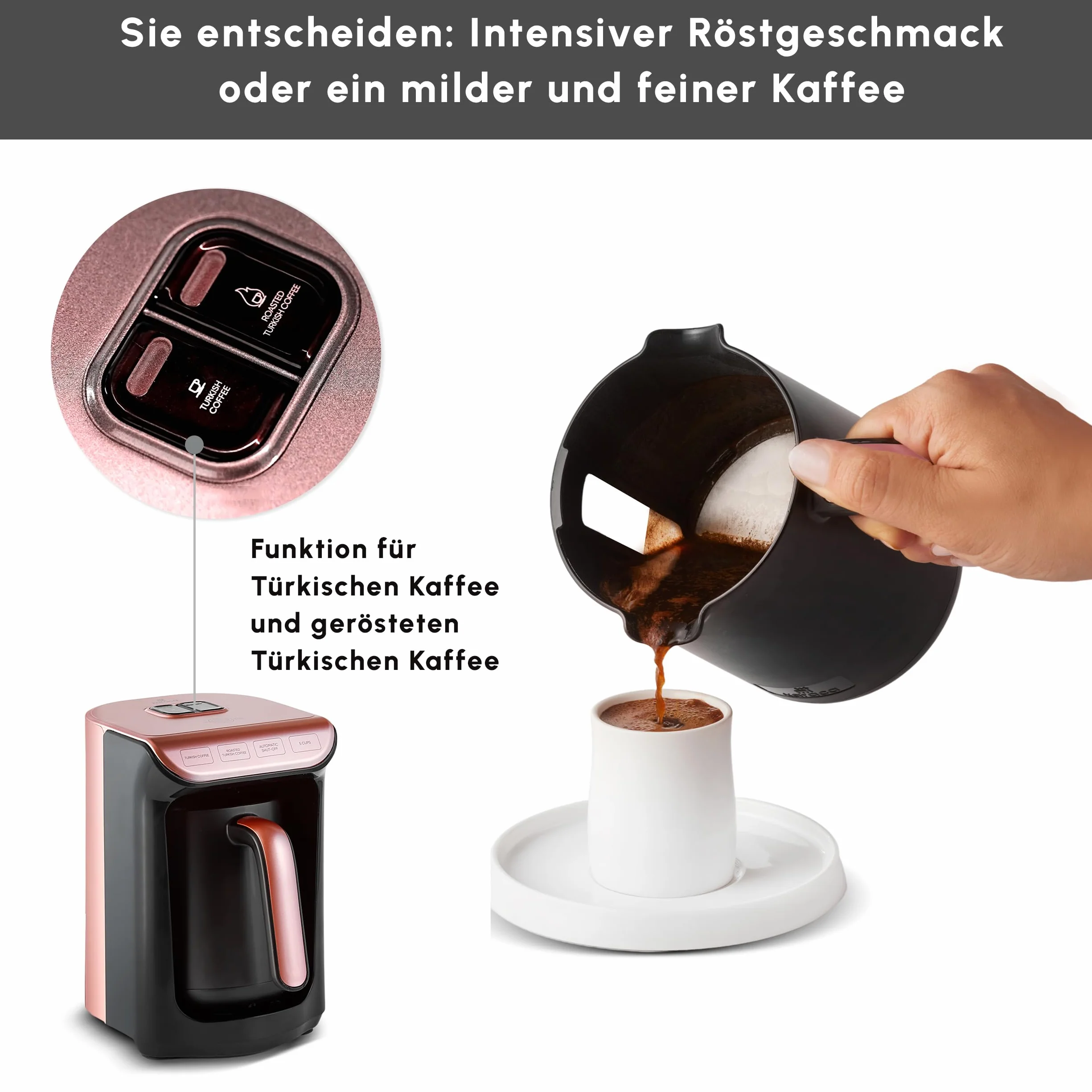 KARACA Hatır Roast turecki ekspres do kawy w kolorze różowego złota, pojemność 5 filiżanek, duża ilość piany, 535 W, system ostrzegania głosowego, system ostrzegania przed światłem, miarka, łatwe