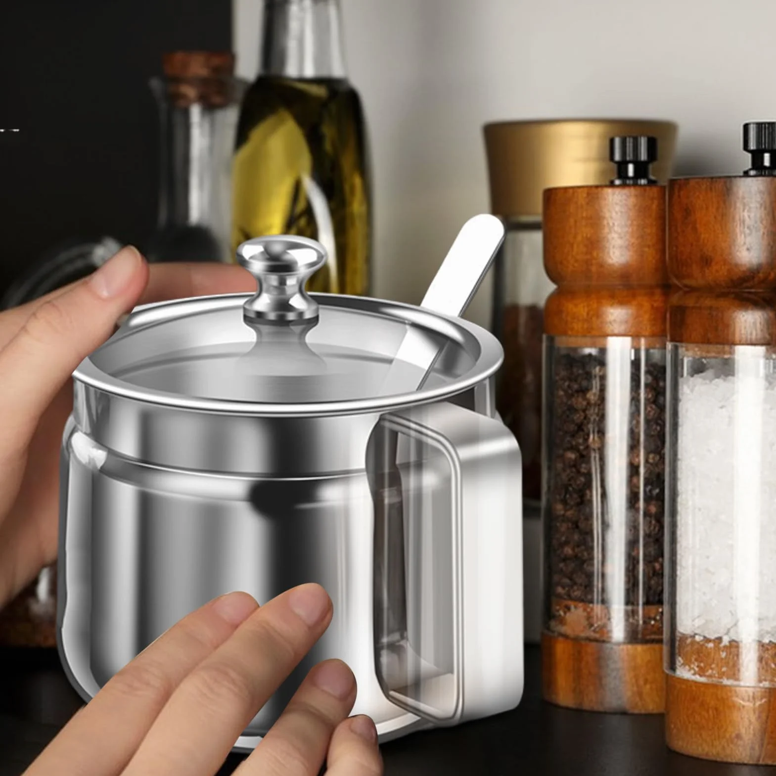 Cukiernica, garnek do przechowywania ze stali nierdzewnej, 500 ml, do kuchni, dozownik Ghee z pokrywką i łyżką, wielofunkcyjny pojemnik, organizer do herbaty, cukru, soli, oleju, przypraw, gotowania i