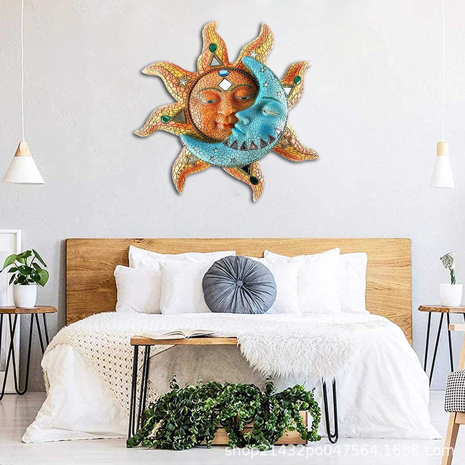 Metalowa dekoracja ścienna Sun Moon, kreatywne rzeźby ścienne wewnątrz i na zewnątrz Słońce i księżyc Wiszące ozdoby Wystrój dla domu Salon Sypialnia Kawiarnia Ogród,40x40cm/15.7"x15.7"