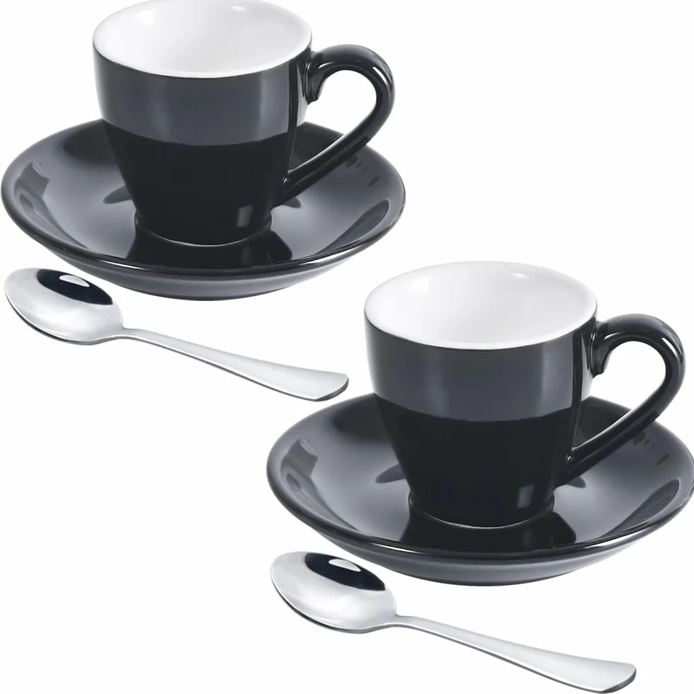 Zestaw 2 porcelanowych filiżanek do espresso z spodkami i mini łyżeczkami ze stali nierdzewnej, marki ionEgg, pojemność 80ml/2.7oz, kolor czarny
