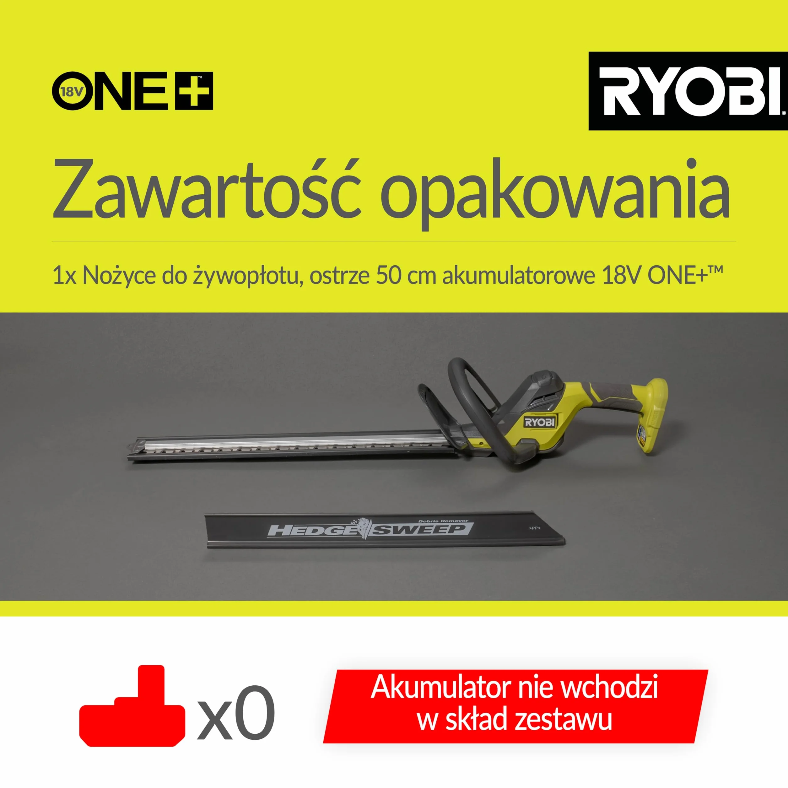 Ryobi Nożyce do Żywopłotu 18V RY18HT50A-0, Długość Ostrza 50 cm, Zakres Pracy 24 mm, 1350 obr/min, Ostrze Szlifowane Diamentowo, Wersja bez Akumulatora i Ładowarki