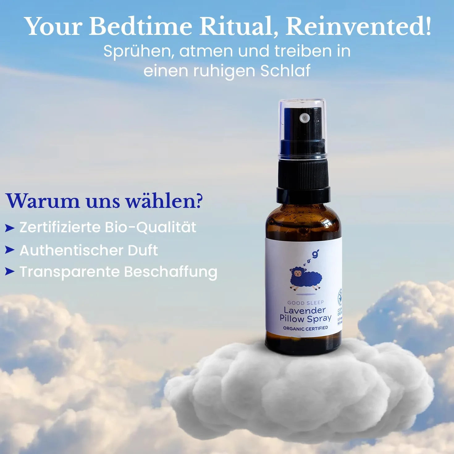 Schlafwohl spray lawendowy do poduszek 30 ml – spray do spania zapewnia spokojny sen, spray powietrzny do relaksu i odpoczynku, z prawdziwym ekologicznym olejkiem lawendowym, bezalkoholowym sprayem do