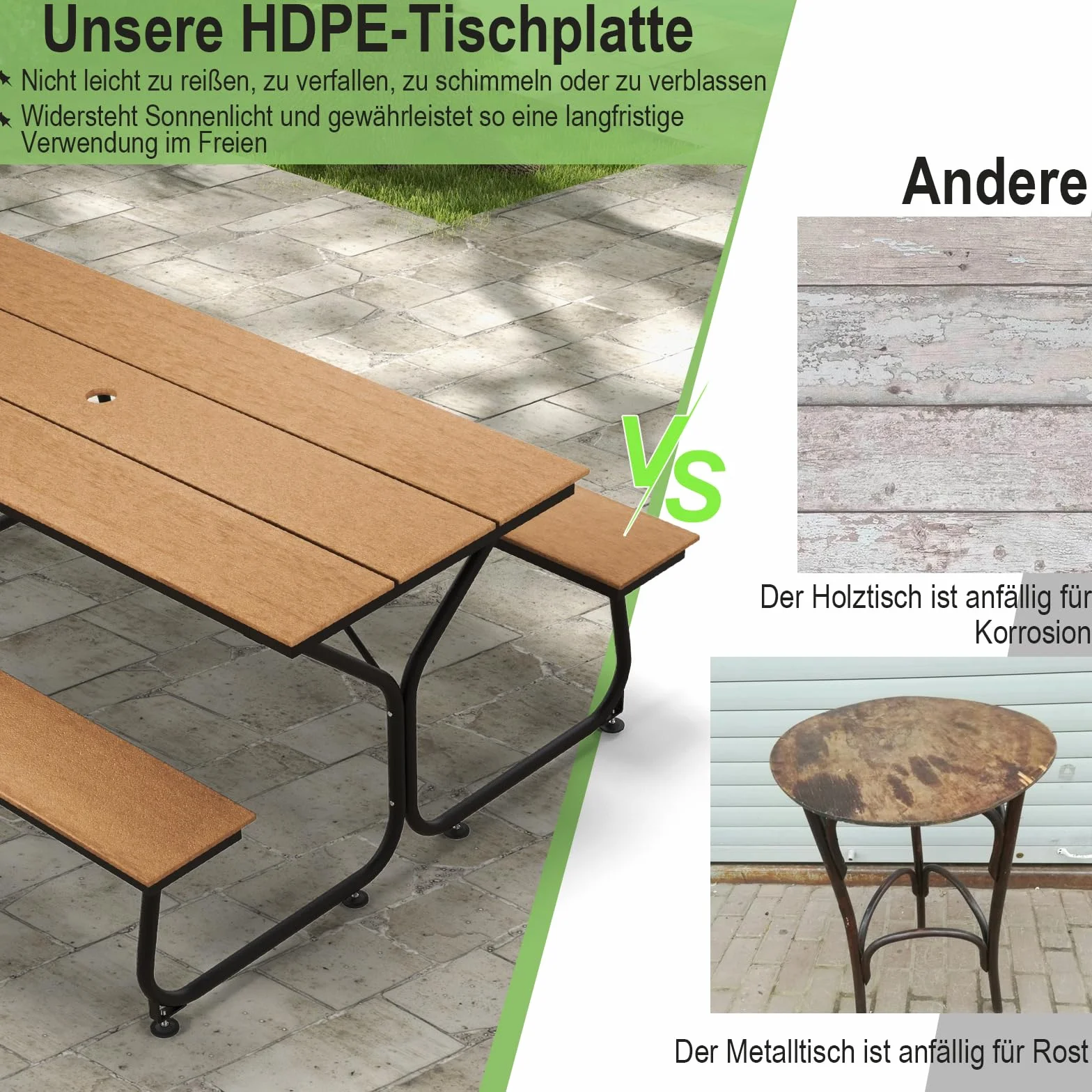 COSTWAY Zestaw do namiotu piwnego 183 cm, stół piwny o wyglądzie drewna, stół piwny z blatem HDPE, otworem na parasol i metalową ramą, zestaw mebli do siedzenia do ogrodu, na taras, podwórko (brązowy)