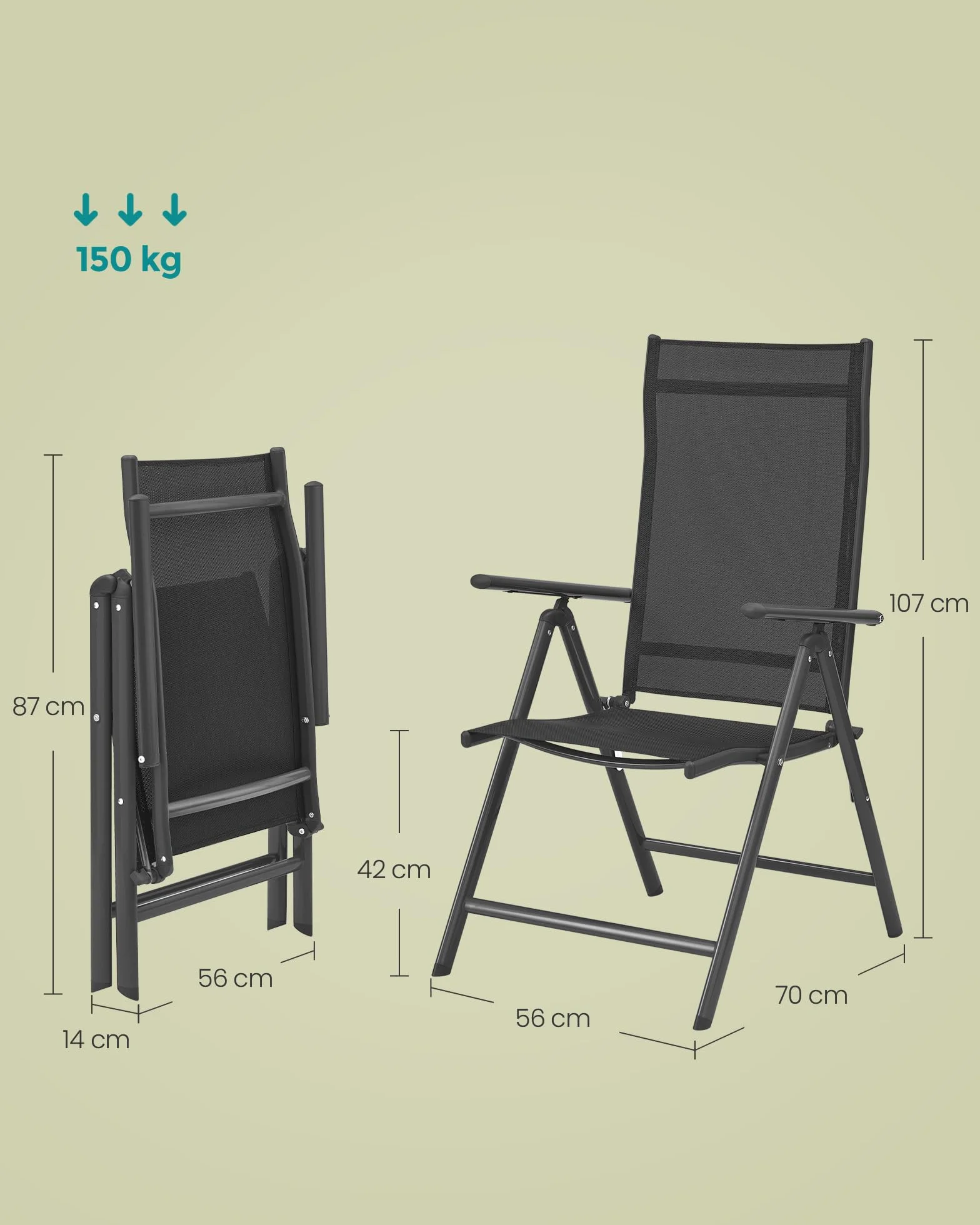 SONGMICS Krzesła ogrodowe, zestaw 2 sztuk, krzesła składane, krzesła outdoorowe z wytrzymałym stelażem aluminiowym, 8-stopniowa regulacja, obciążenie do 120 kg, czarne GCB29BK