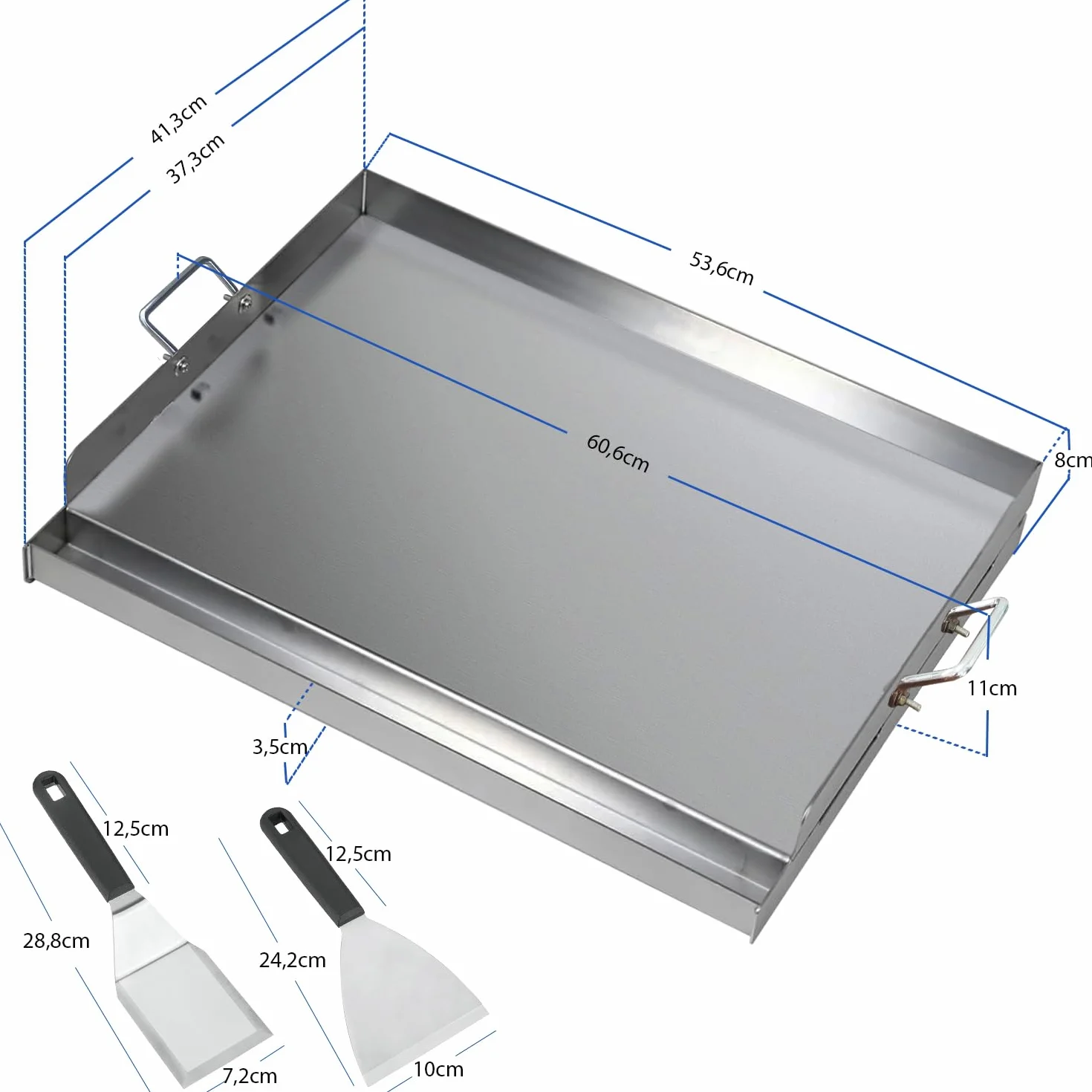 Płyta grillowa z stali nierdzewnej | 54x41x8 cm | uniwersalna deska BBQ, plancha 2 mm, pasująca do grilla gazowego i na węgiel
