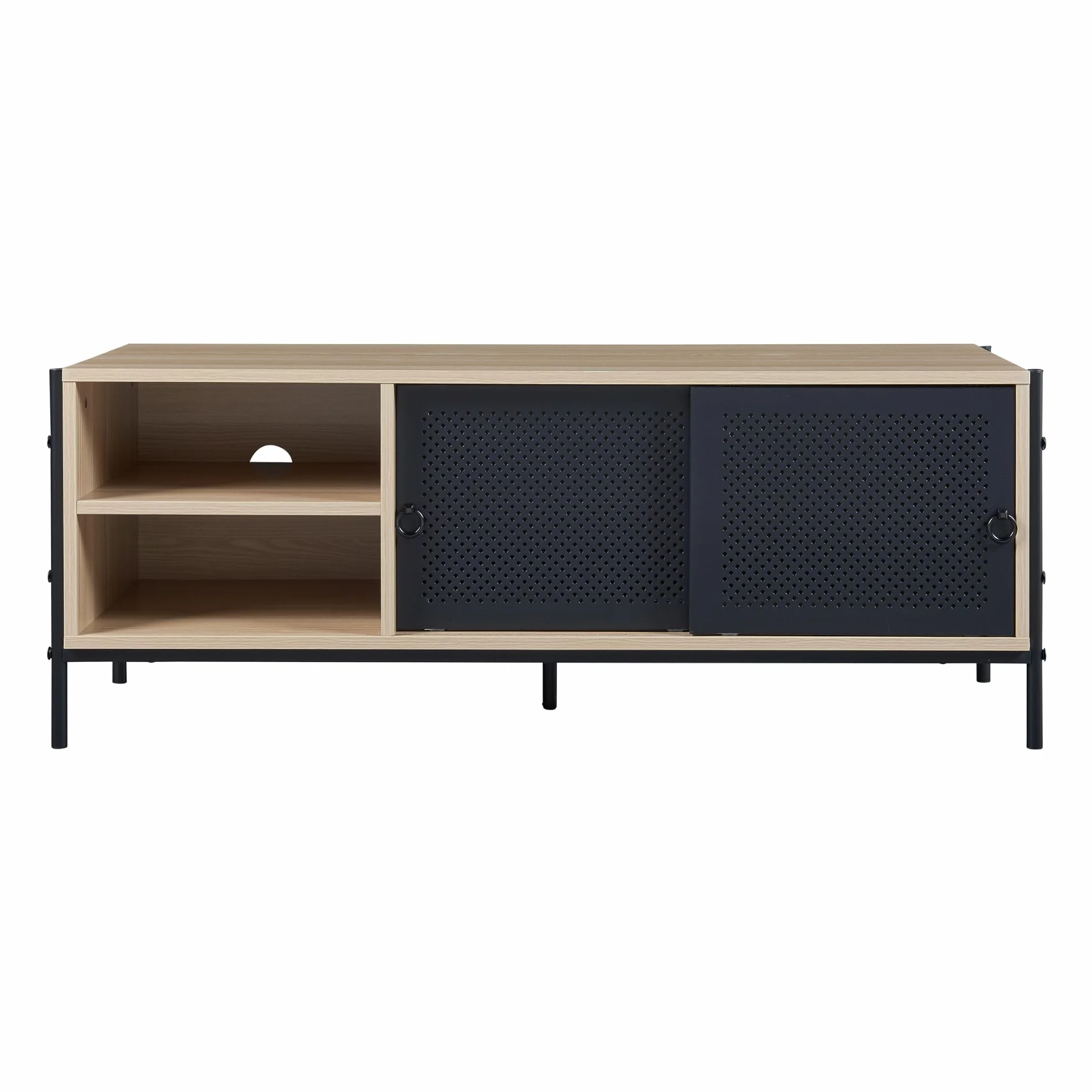 [en.casa] Szafka TV Tysnes Lowboard z 2 przesuwnymi drzwiami, stolik pod telewizor z otworami na kable, szafka TV, 120 x 40 x 45 cm, metalowa konstrukcja, dąb/czarny