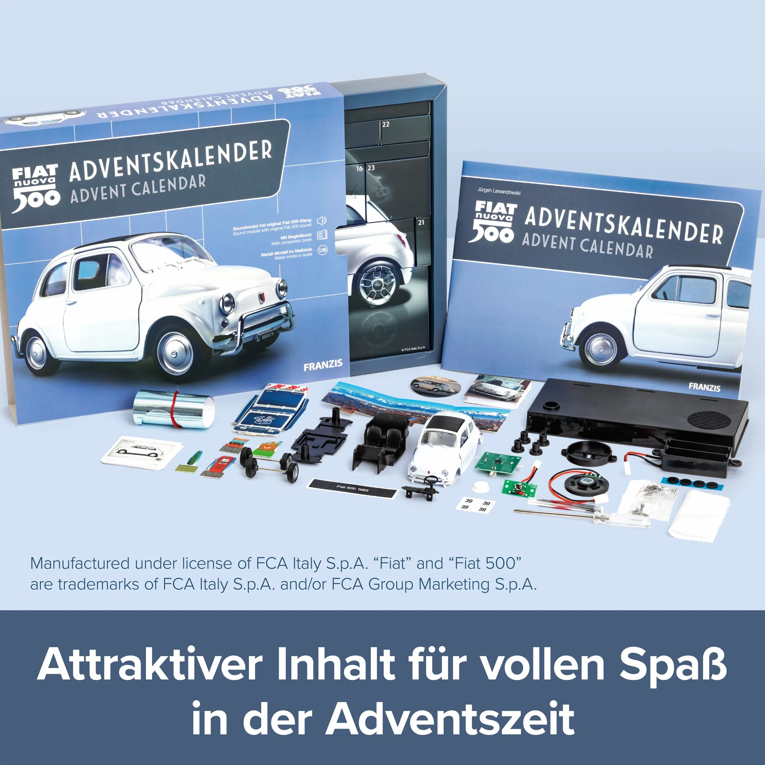 Franzis 67168 Kalendarz adwentowy Fiata 500, metalowy model w skali 1:38, zawiera moduł dźwiękowy i 52-stronicową książkę z dodatkami