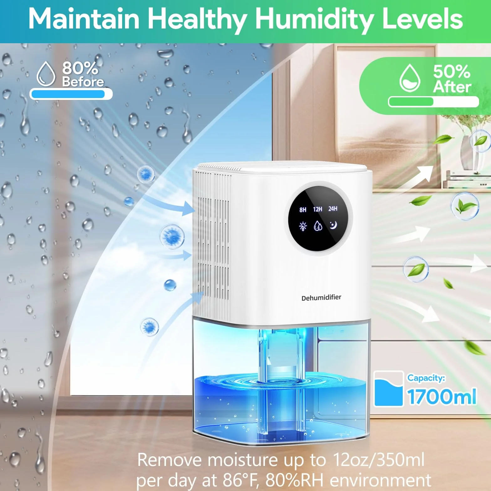 Osuszacz powietrza do domu przeciw pleśni, PKBOSS 1700 ml przenośny elektryczny mini cichy osuszacz powietrza z 7 kolorowymi światłami LED/timer/automatyczne wyłączanie łazienki/pomieszczenie