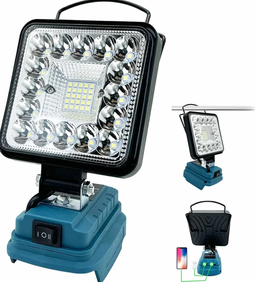 Lampa akumulatorowa do akumulatora Makita 18 V, 48 W, 4800 lm, lampa robocza LED, reflektor przenośny reflektor na plac budowy, z 2 USB, na kemping, naprawy samochodu, zamiennik do Makita DML816 (bez