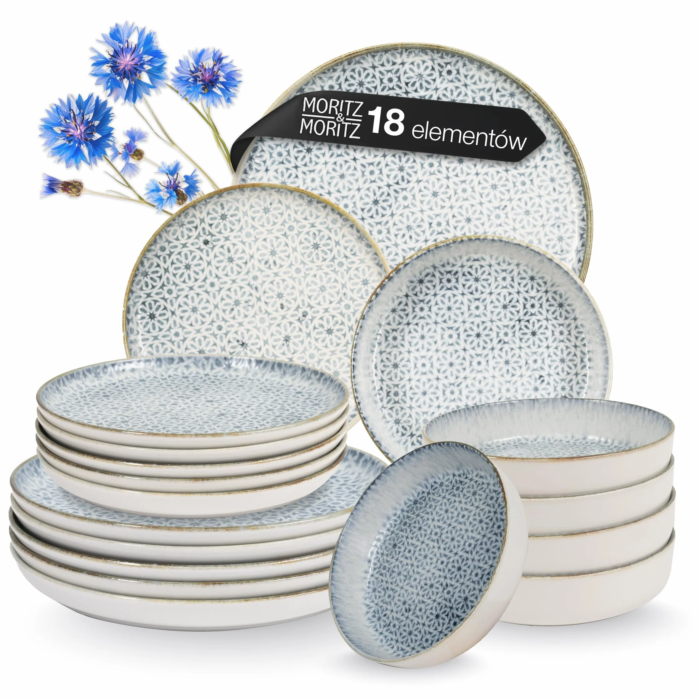 Moritz & Moritz ALHAMBRA 18-częściowy zestaw naczyń dla 6 osób, z wysokiej jakości porcelany, nowoczesny serwis stołowy w kolorze niebieskim, łatwy w pielęgnacji, zestaw 6 talerzy obiadowych, talerzy