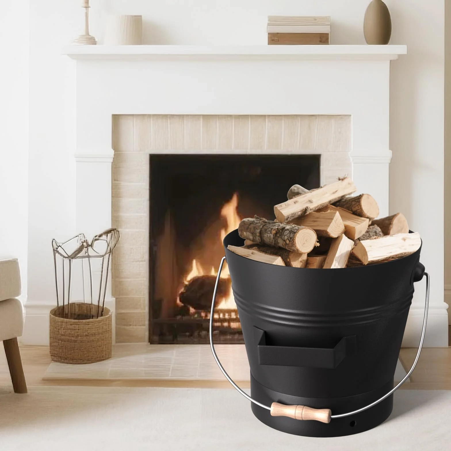 AMAGABELI GARDEN & HOME Wiadro na popiół z pokrywką na zewnątrz i wewnątrz wiadro węglowe do kominka, średnie wiadro na palenisko, metalowy pojemnik na popiół, do grilla, wiadro na węgiel drzewny,
