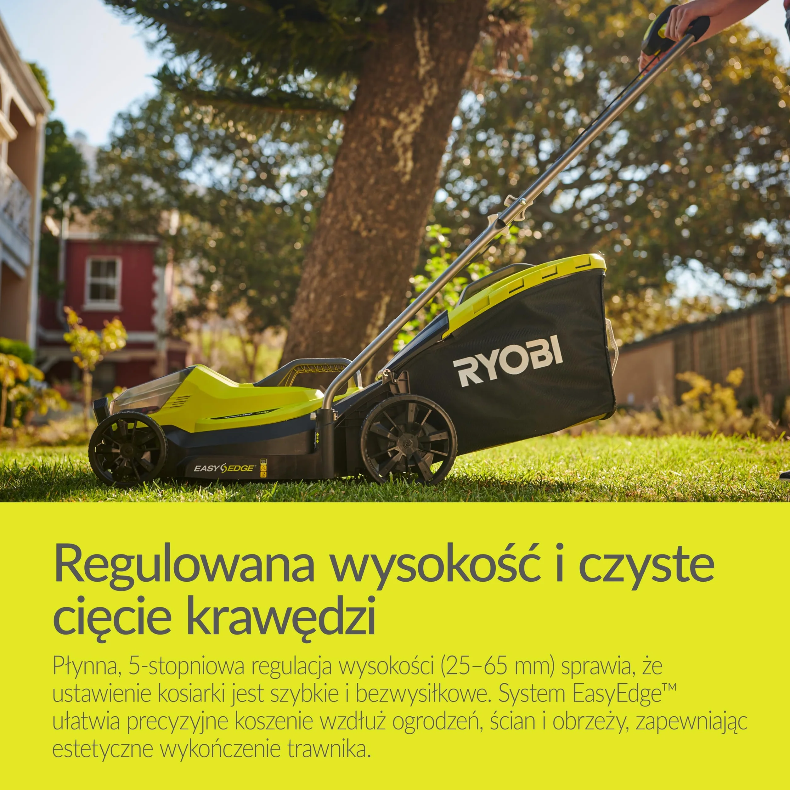 Ryobi Bezprzewodowa Kosiarka 18 V, OLM1833B, Szerokość Koszenia 33 cm, 5-Stopniowa Regulacja Wysokości Koszenia, od 25 mm do 65 mm, Kosz na Trawę 35 L, Wersja bez Akumulatora i Ładowarki