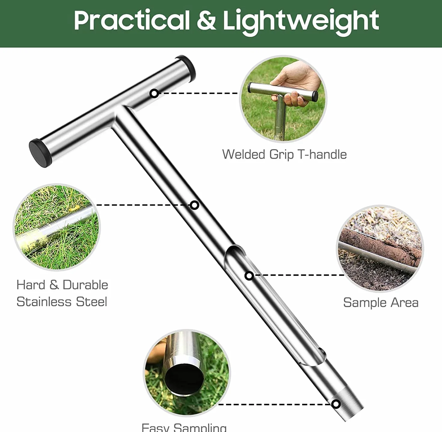 Wakects Sonda do próbkowania gleby 51 cm, sonda do pobierania próbek gleby ze stali nierdzewnej, uchwyt w stylu T, Sampler do sondy podłogowej do kijów golfowych