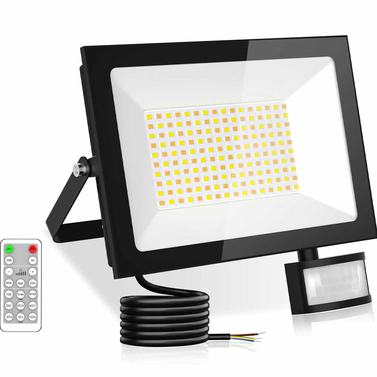 Sararoom Zewnętrzna lampa LED 100 W, czujnik ruchu, 10000 lm, zewnętrzna lampa punktowa LED z 3 regulowanymi kolorami, wodoszczelność IP65, pilot zdalnego sterowania, do garażu, magazynu, podwórza
