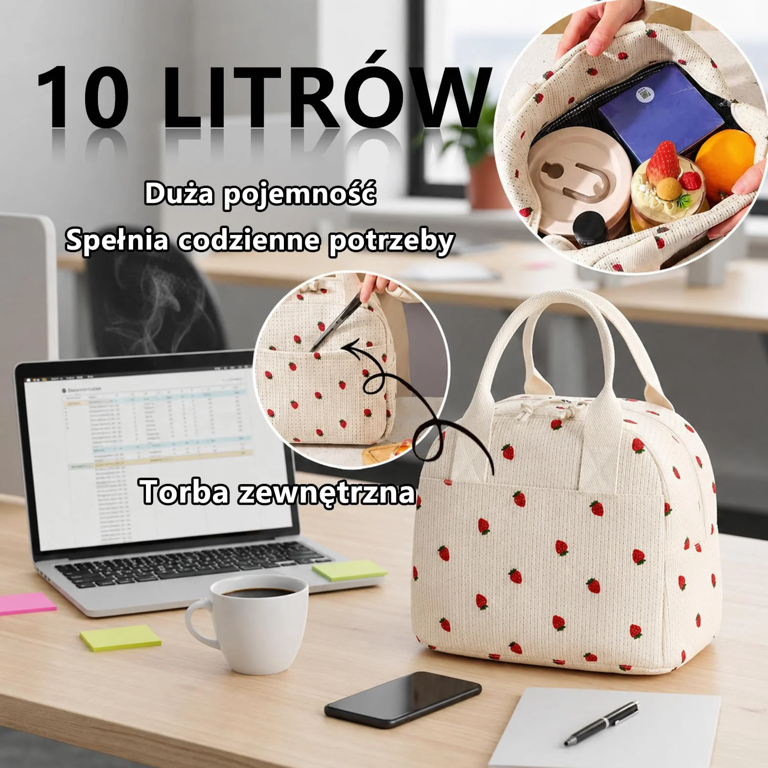 Torba na Lunch, 10L Przenośna Torba Termiczna, Szczelna, z Trzema Warstwami Izolacji Termicznej, Idealna na Piknik, do Pracy, do Szkoły i w Podróż