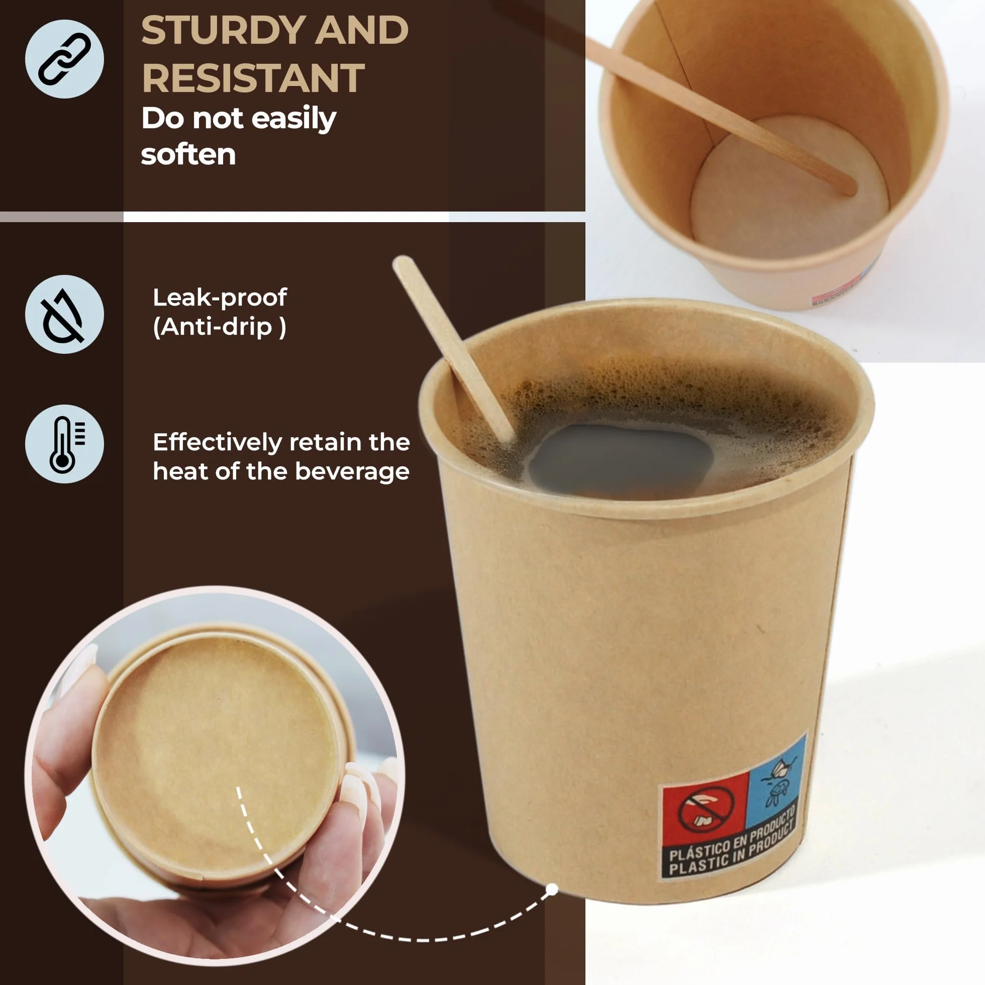 100 jednorazowych kubków z papieru siarczanowego 210 ml / 7 oz. Wytrzymały, szczelny. Idealny do kawy, herbaty i napojów orzeźwiających. Bezzapachowy. Kubek siłowy