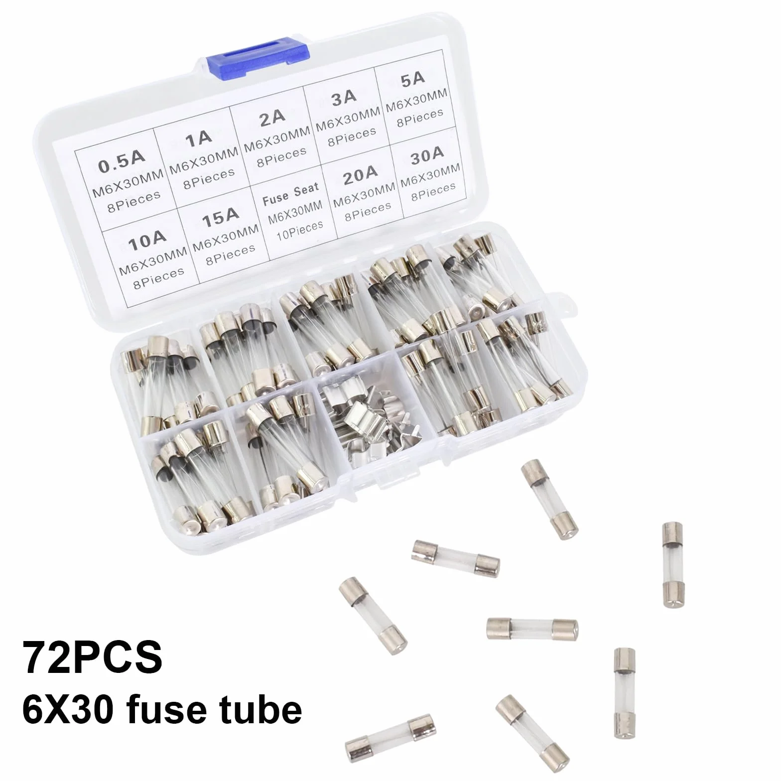 72PCS 9 wartości 6X30mm zestaw bezpieczników szkło szybkie topnienie 250 V 0.5A 1A 2A 3A 5A 10A 15A 20A 30A, z 10 szt. bezpiecznik klip, pakiet w przezroczystym plastikowym pudełku