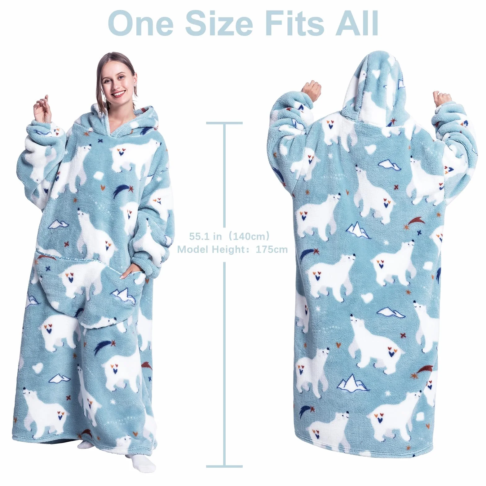 Damskie bluzy z kapturem, długi koc z kapturem, koc z rękawami, bluza z kapturem, oversize, koc z rękawami, sweter bożonarodzeniowy, ciepły koc do zakładania, Eisbär, jeden rozmiar