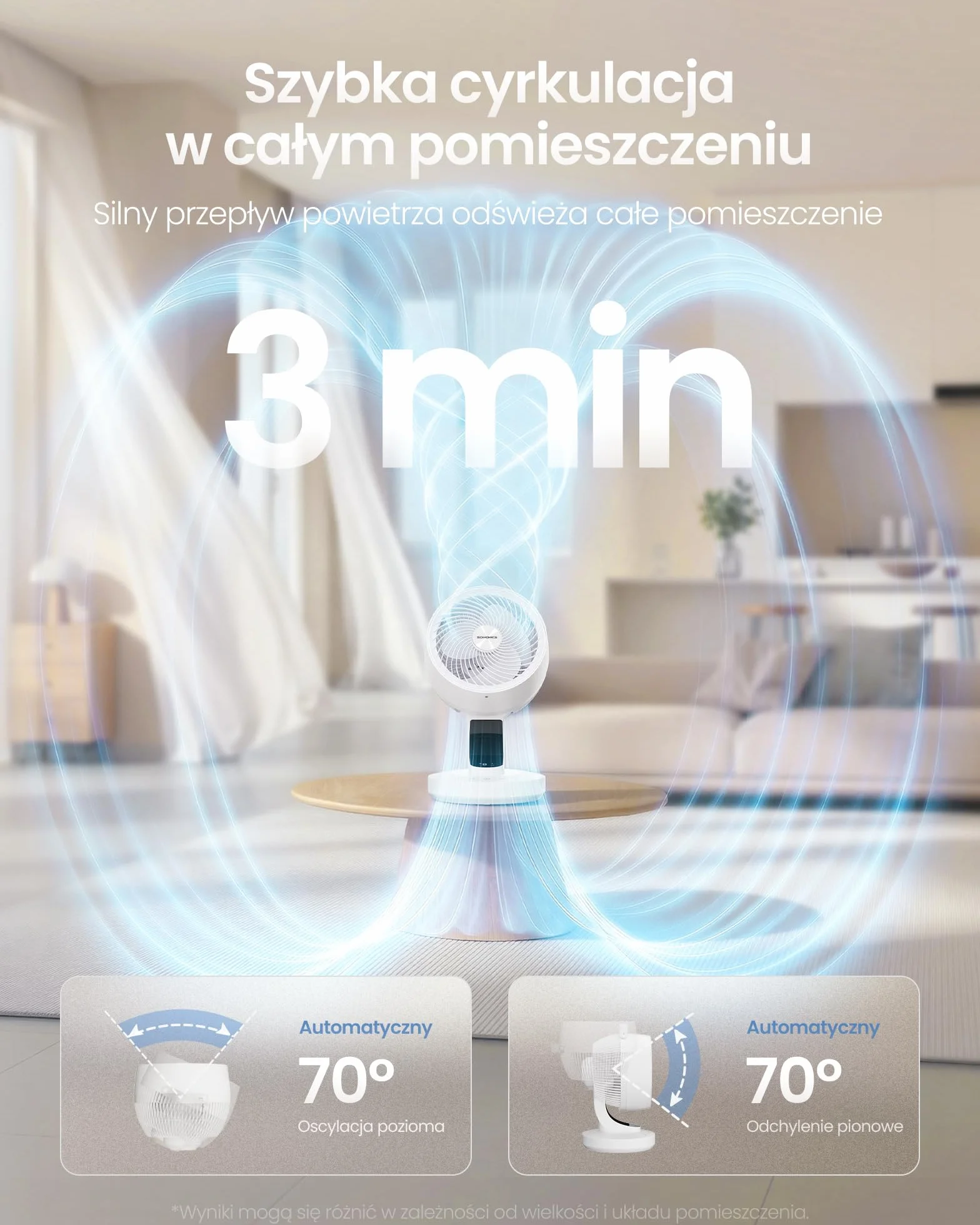SONGMICS Cichy wentylator biurkowy 20 DB, pilot, cyrkulator powietrza, oscylacja 70°, 8 prędkości, timer 12 h, biały