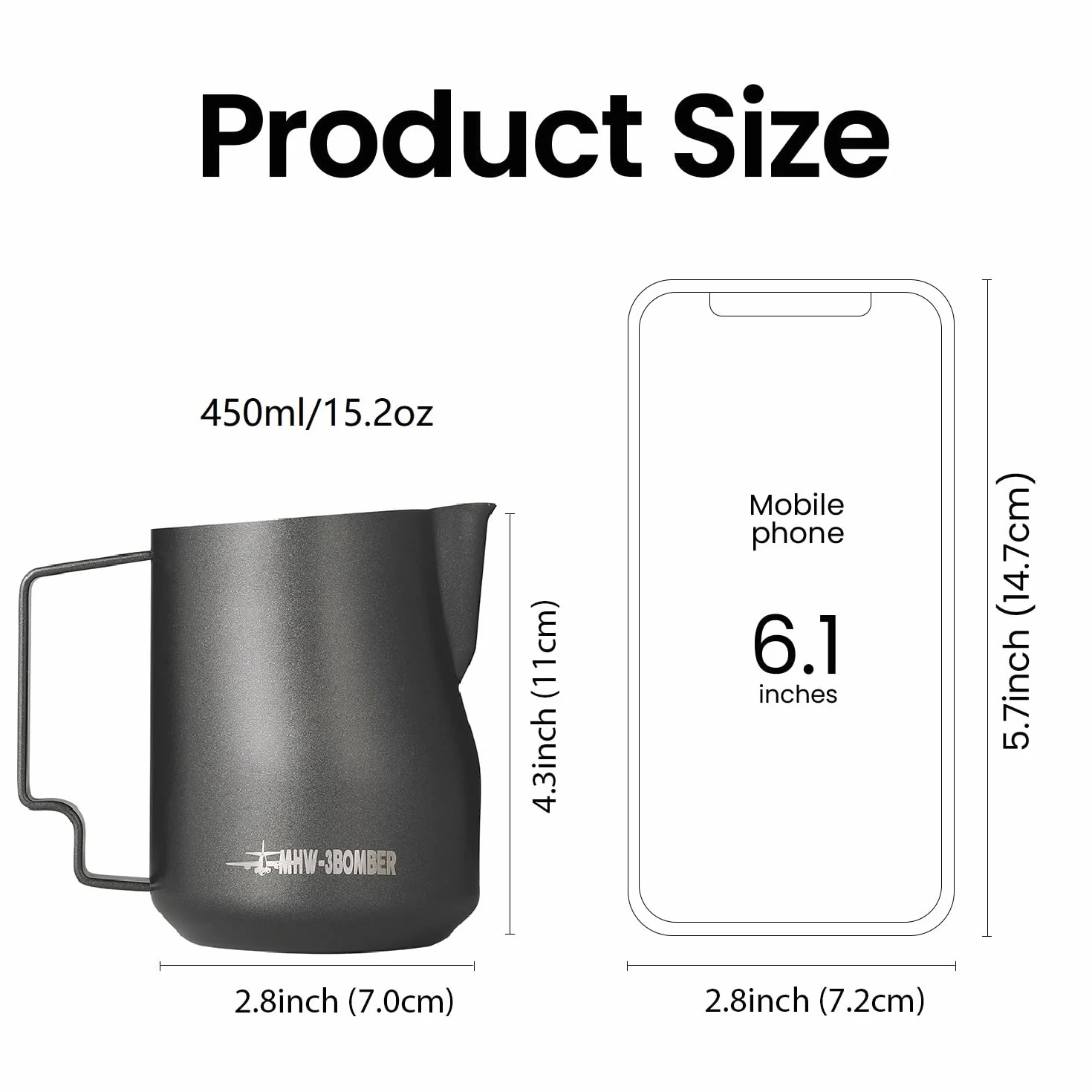 MHW-3BOMBER 450 ml/430.9 g dzbanek do spieniania mleka espresso dzbanek do gotowania na parze ze stali nierdzewnej spieniacz do mleka kubek barista latte art okrągła wylewka P6006W