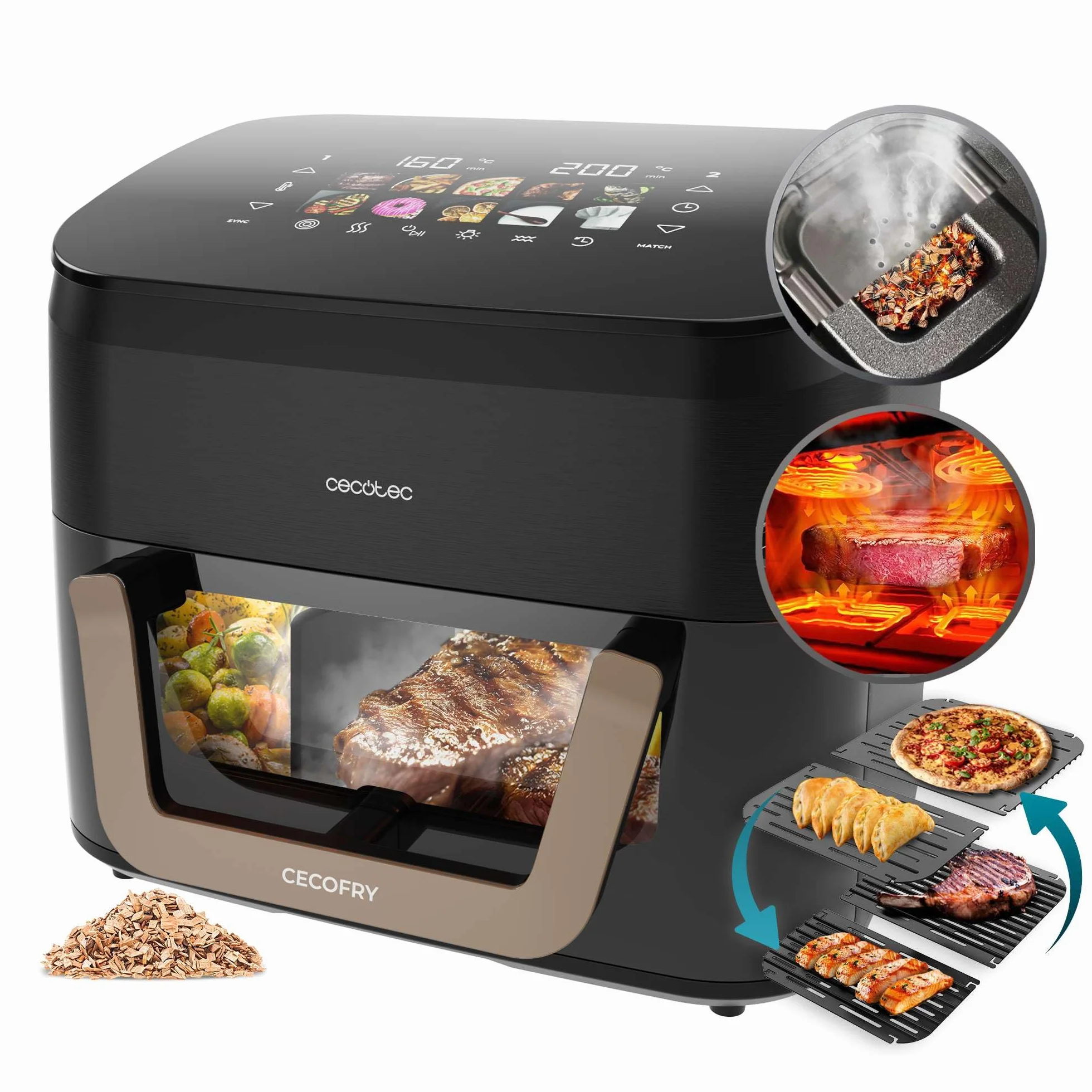 Cecotec Frytkownica powietrzna 10 l, frytkownica powietrzna Cecofry&Grill Smokin 11000, 2200 W, frytkownica 3 w 1, grill, płyta grillowa, zintegrowana wędzarnia, 10 menu, temperatura 40-200°C,