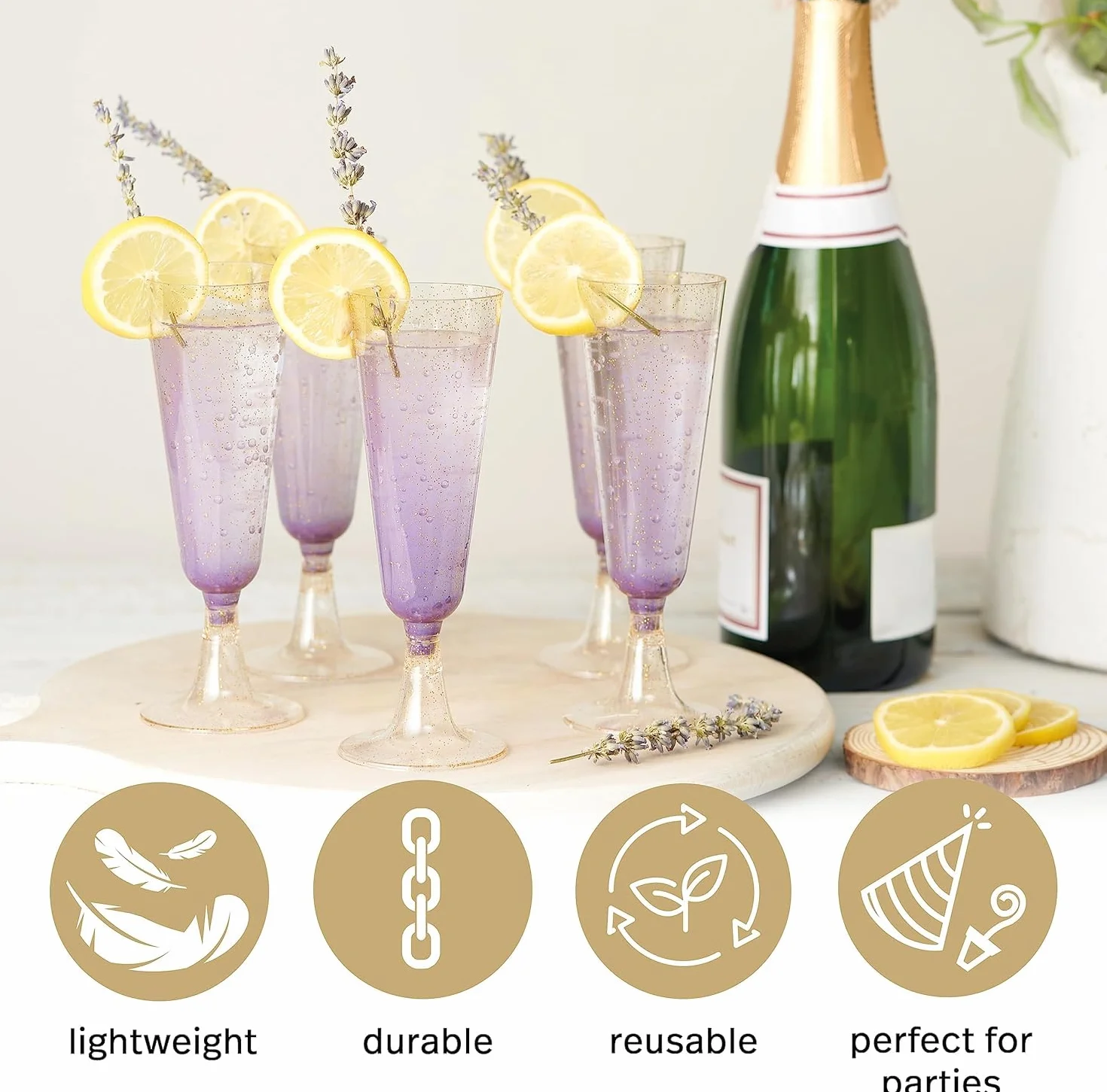 MATANA 50 Eleganckich Plastikowych Filiżanek do Szampana z Złotym Brokatem, 150 ml - Wytrzymałe i Wielokrotnego Użycia - Koktajle, Prosecco, Mimosa - Urodziny, Wesela, Boże Narodzenie i Imprezy