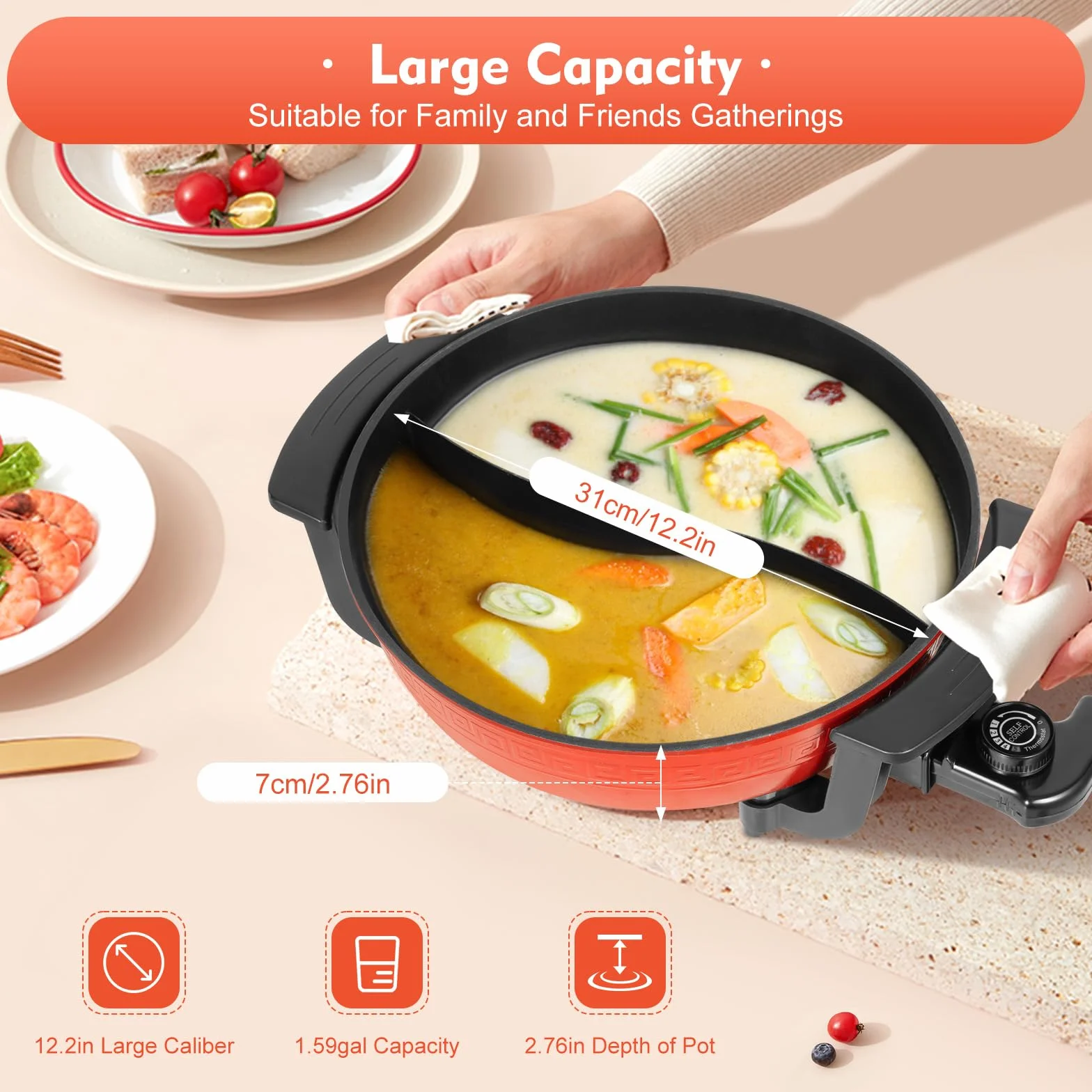 Elektryczny Garnek Hot Pot Twin 1300 W, 6 l, Yin Yang Hotpot, 2 Strony, Patelnia do Gotowania Stewpan, Płyta Kuchenna, Nieprzywierający