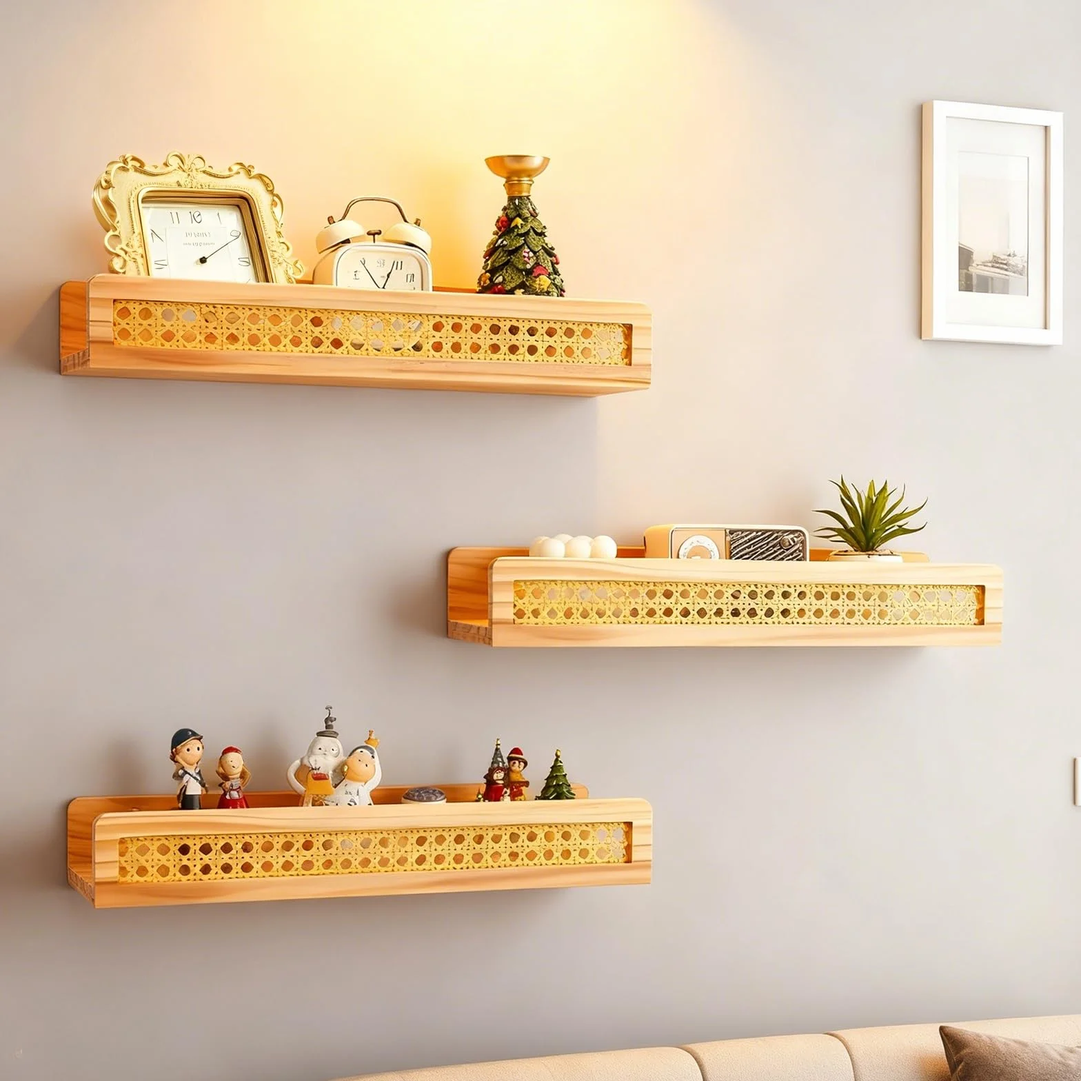Regał ścienny rattanowy drewniany boho na książki 3 sztuki