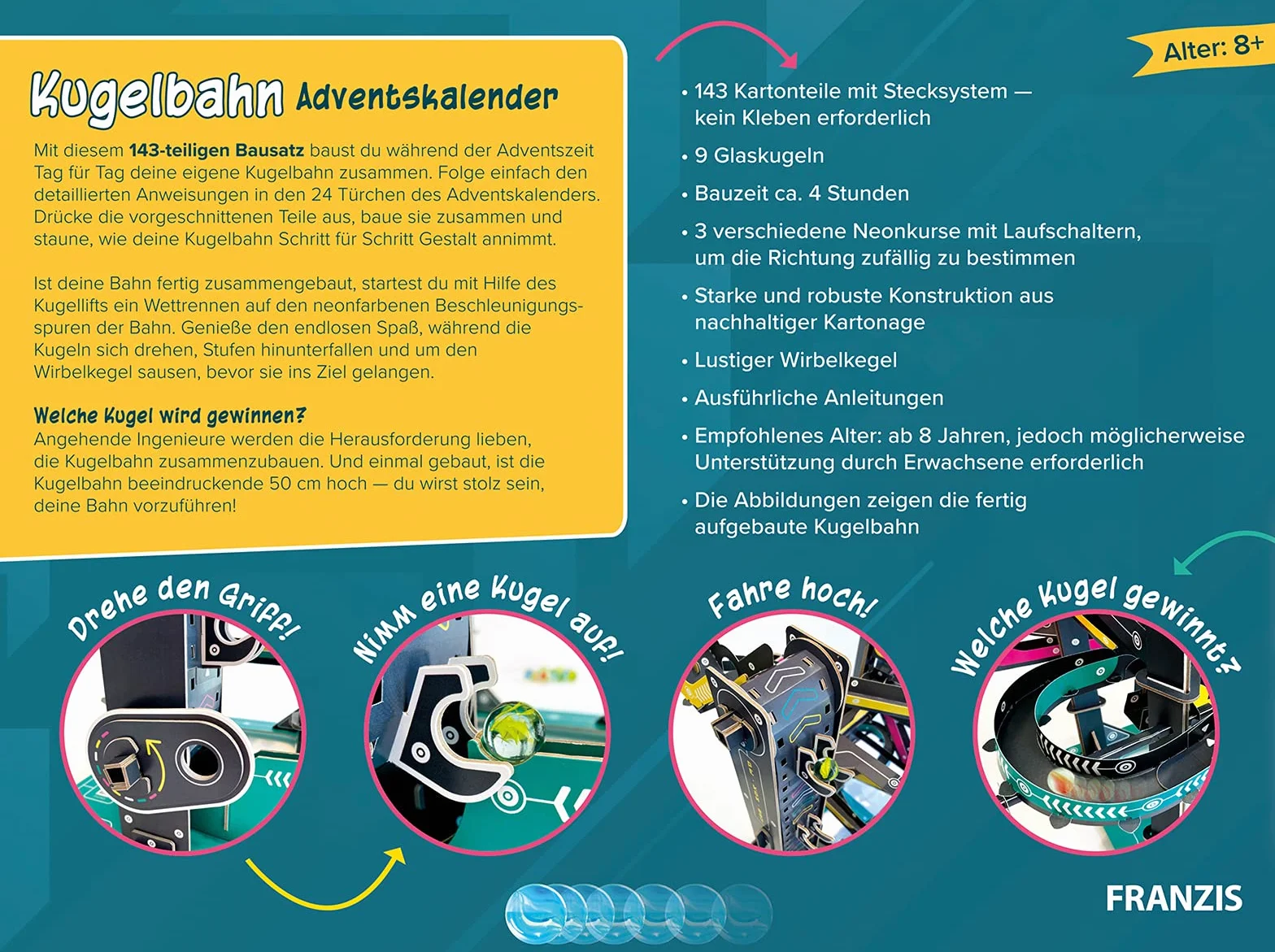 Franzis 67300 Kalendarz adwentowy Marble Run, 24 dni do własnego marmurowego biegu, zestaw do rękodzieła z tektury, bez plastiku, zalecany od 8 lat