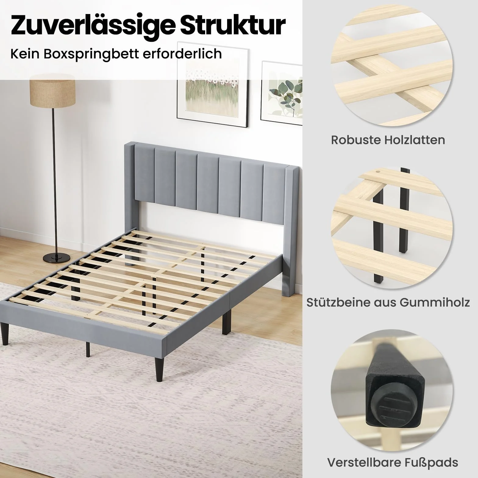 COSTWAY Rama łóżka na materac 200 x 140 cm, tapicerowany stelaż łóżka dwuosobowego, łóżko z podnóżkiem z zagłówkiem, drewniana podpora, regulowane podkładki pod stopy, kolor szary (Model I,L)