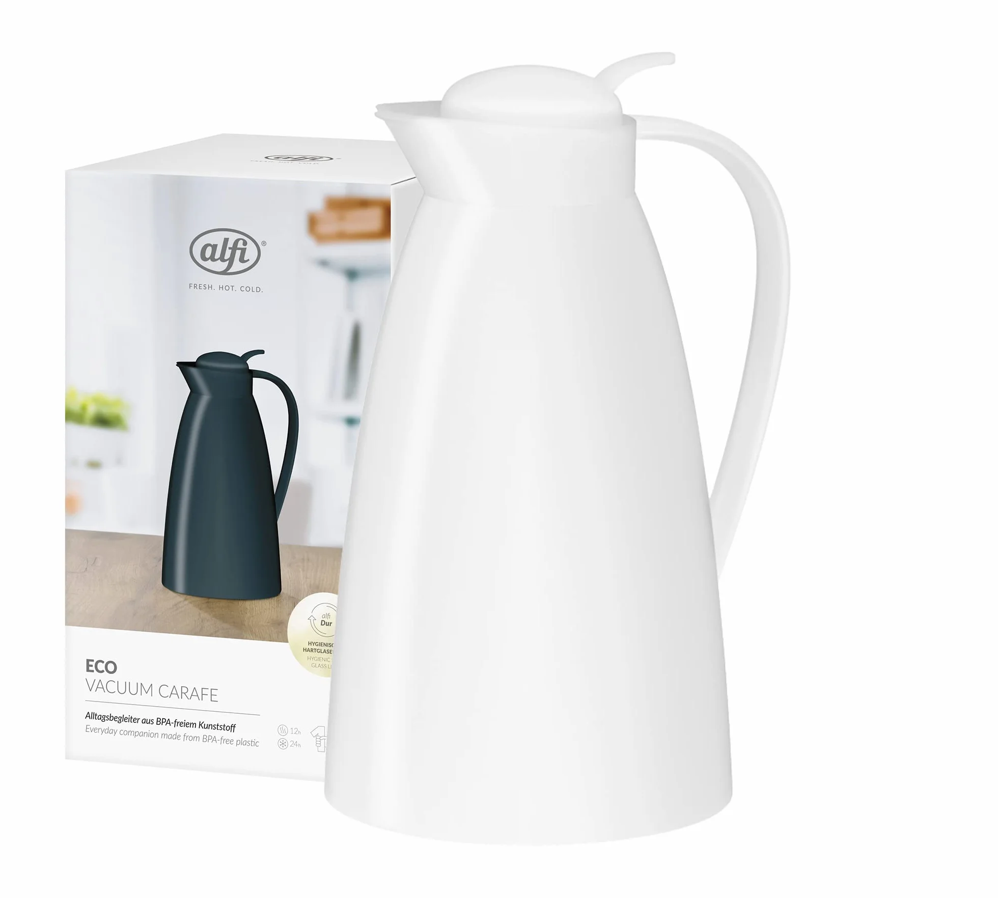 Alfi ECO 1,0 l dzbanek izolowany ze szkła hartowanego, biały kokosowy mat, zakrętka z przyciskiem
