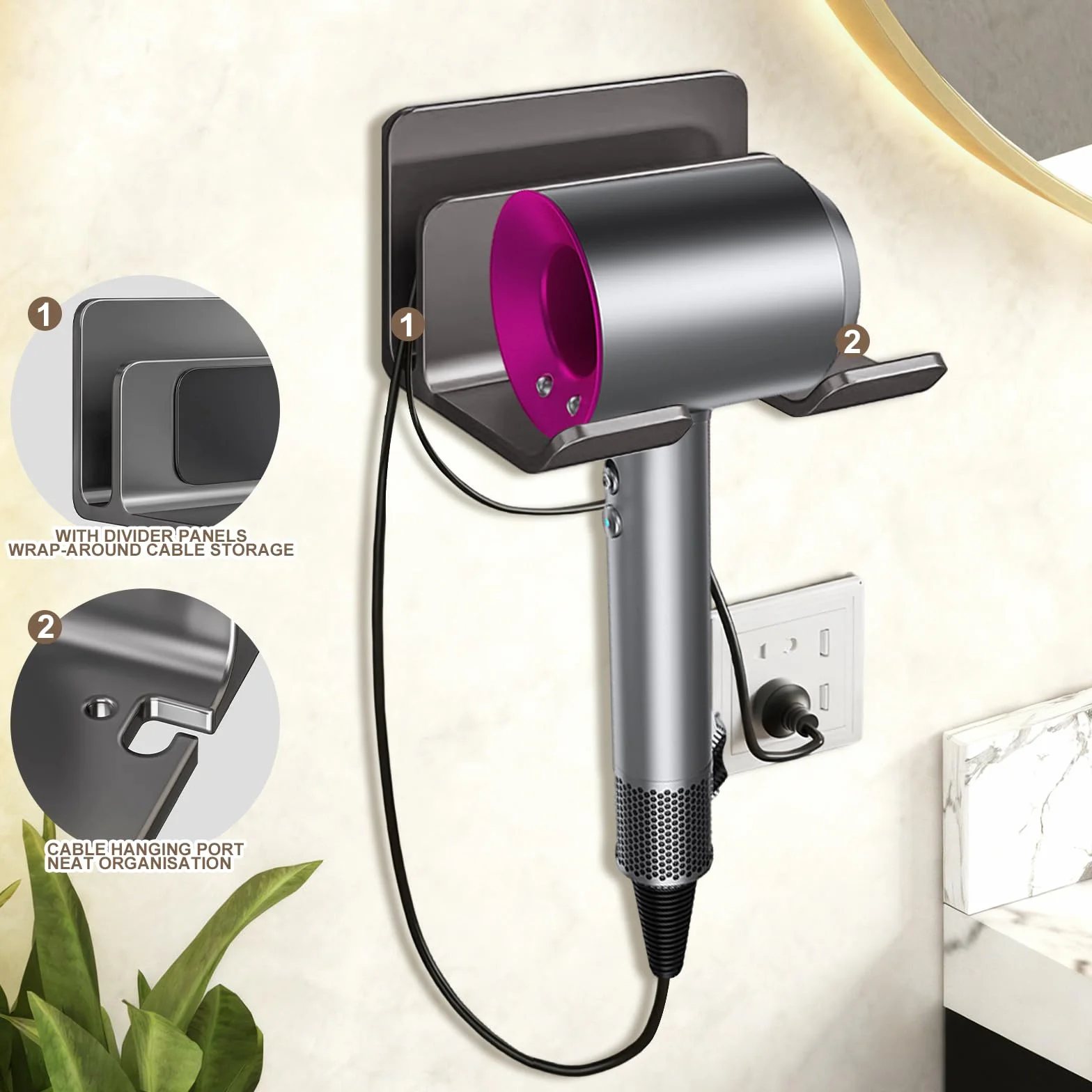 Uchwyt na suszarkę do włosów montowany na ścianie aluminiowy stojak z gniazdem na kabel antypoślizgowy 145 x 102 x 85 mm