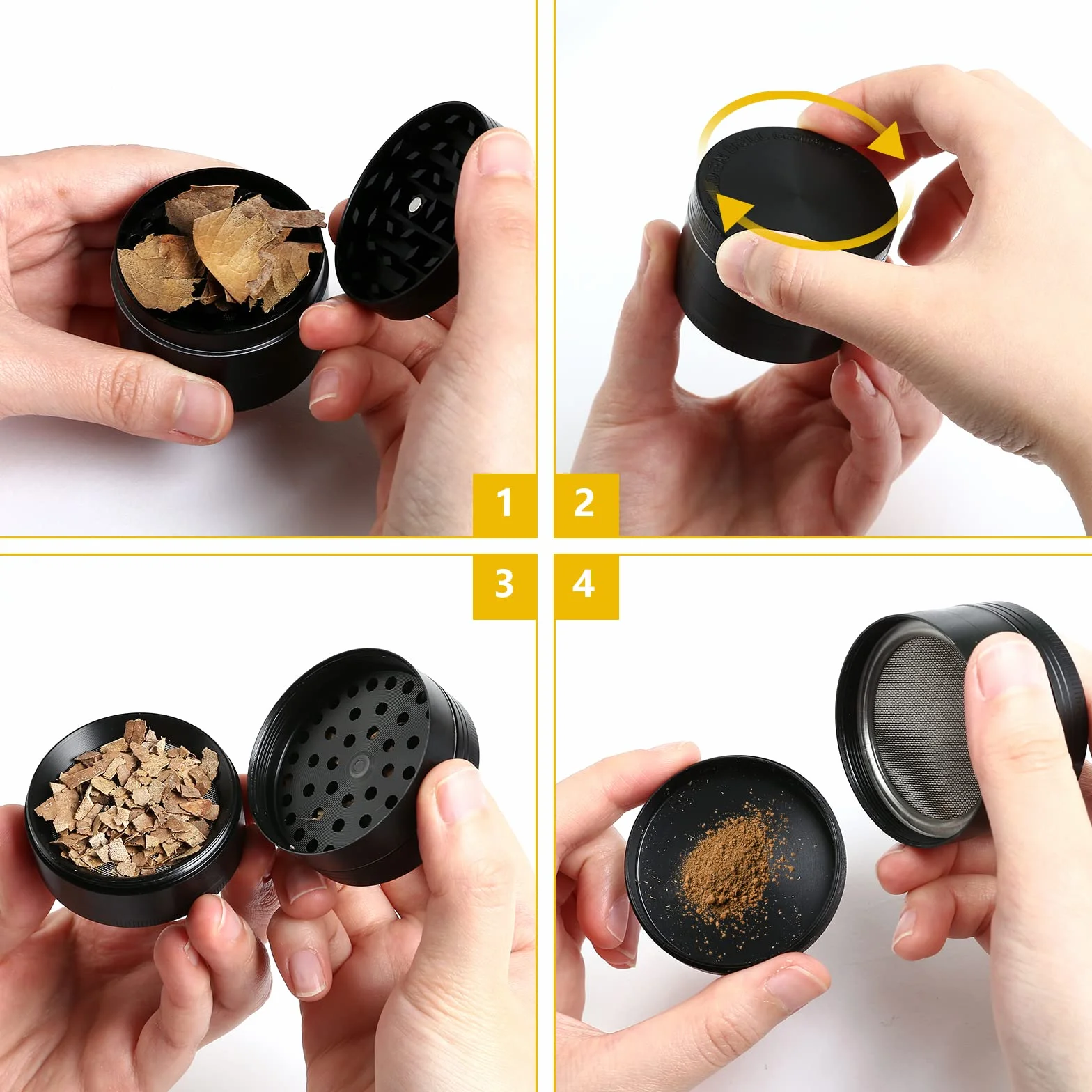 Golden Bell Grinder Crusher 4-częściowy zestaw młynków ze skrobakiem, pyłkami, ziołami, przyprawami, ziołami, młynkami do ziół, jako prezent dla ojca, przyjaciela, mężczyzny (czarny, 2 x 3,5 cm)
