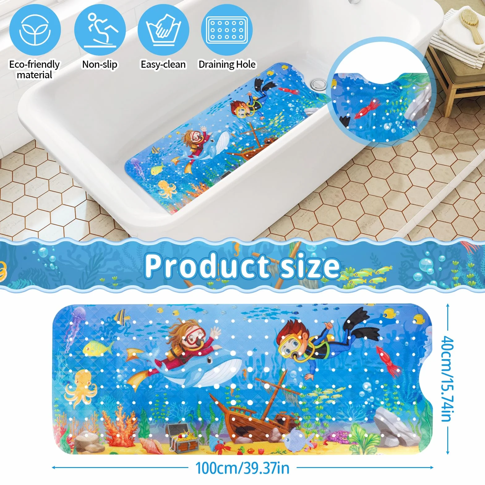 AMZJMT Antypoślizgowa mata do kąpieli dla dzieci 100 x 40 cm - wanna antypoślizgowa, motyw morski, antypoślizgowa mata do kąpieli z 200 przyssawkami, bez BPA, odporna na pleśń i można prać w pralce