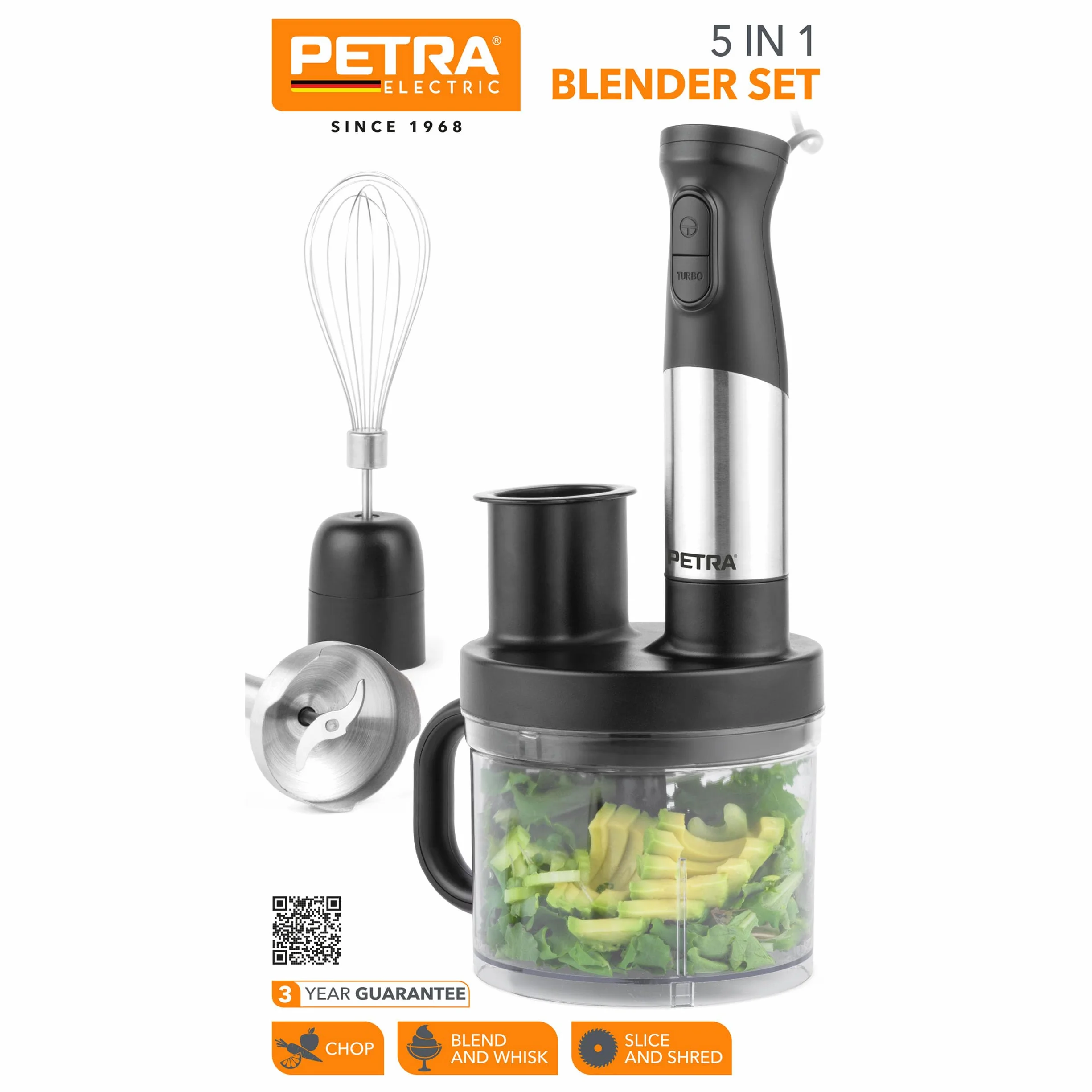Petra PT5877VDE Blender 5-w-1 Kompaktowy Rozdrabniacz, Blender Zanurzeniowy, Ubijaj, Blenduj, Siekaj, Krój i Szatkuj, Miska 1,2 L bez Bisfenolu A, 2 Prędkości, Ostrza ze Stali Nierdzewnej