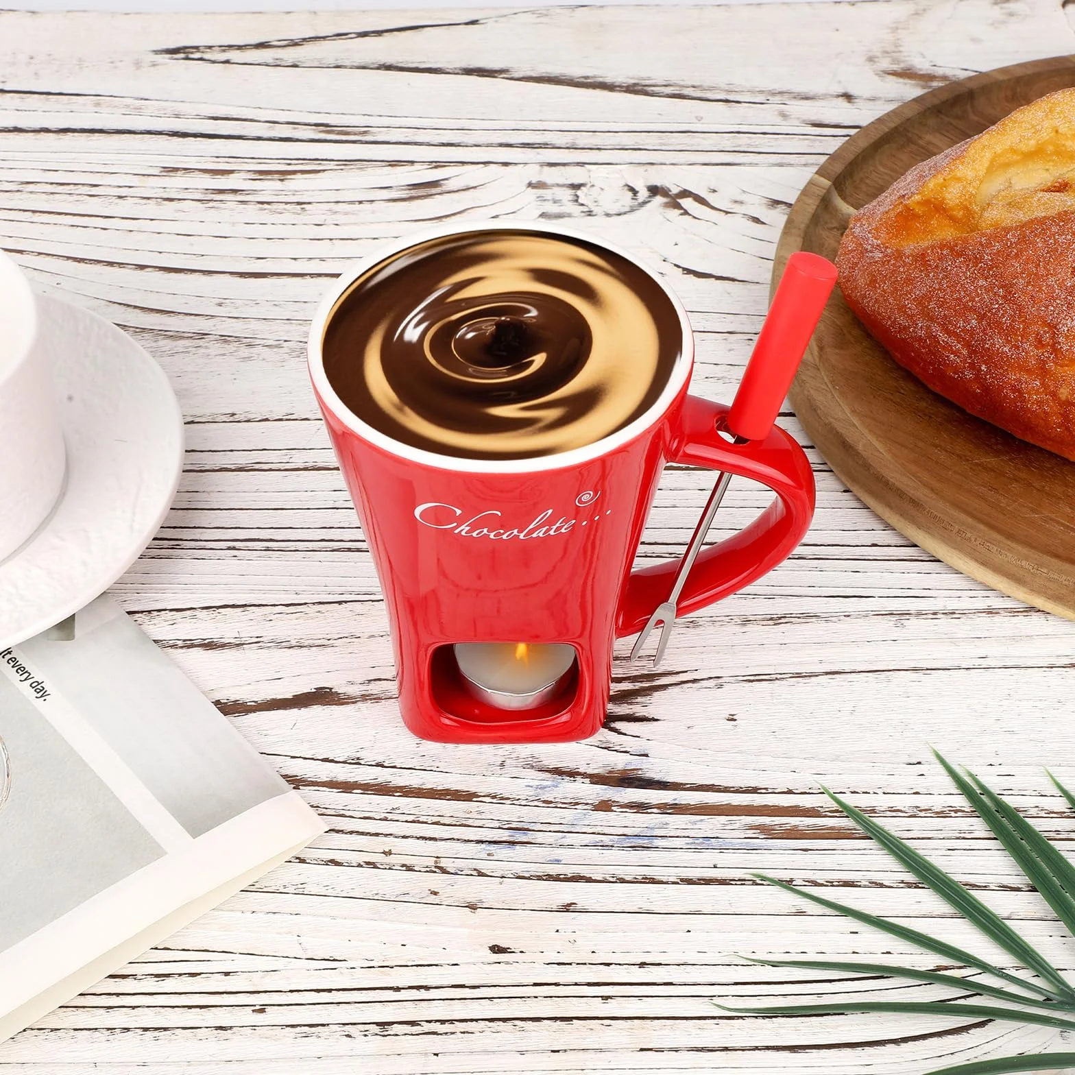 Kubek Fondue Czekoladowego Zestaw, Ceramiczny Mini Kubek do Rozpuszczania Czekolady z Widelcem i Podgrzewaczem do Świec na Słodkości Desery Idealny Randki Urodziny Prezent Ślubny (Czerwony)