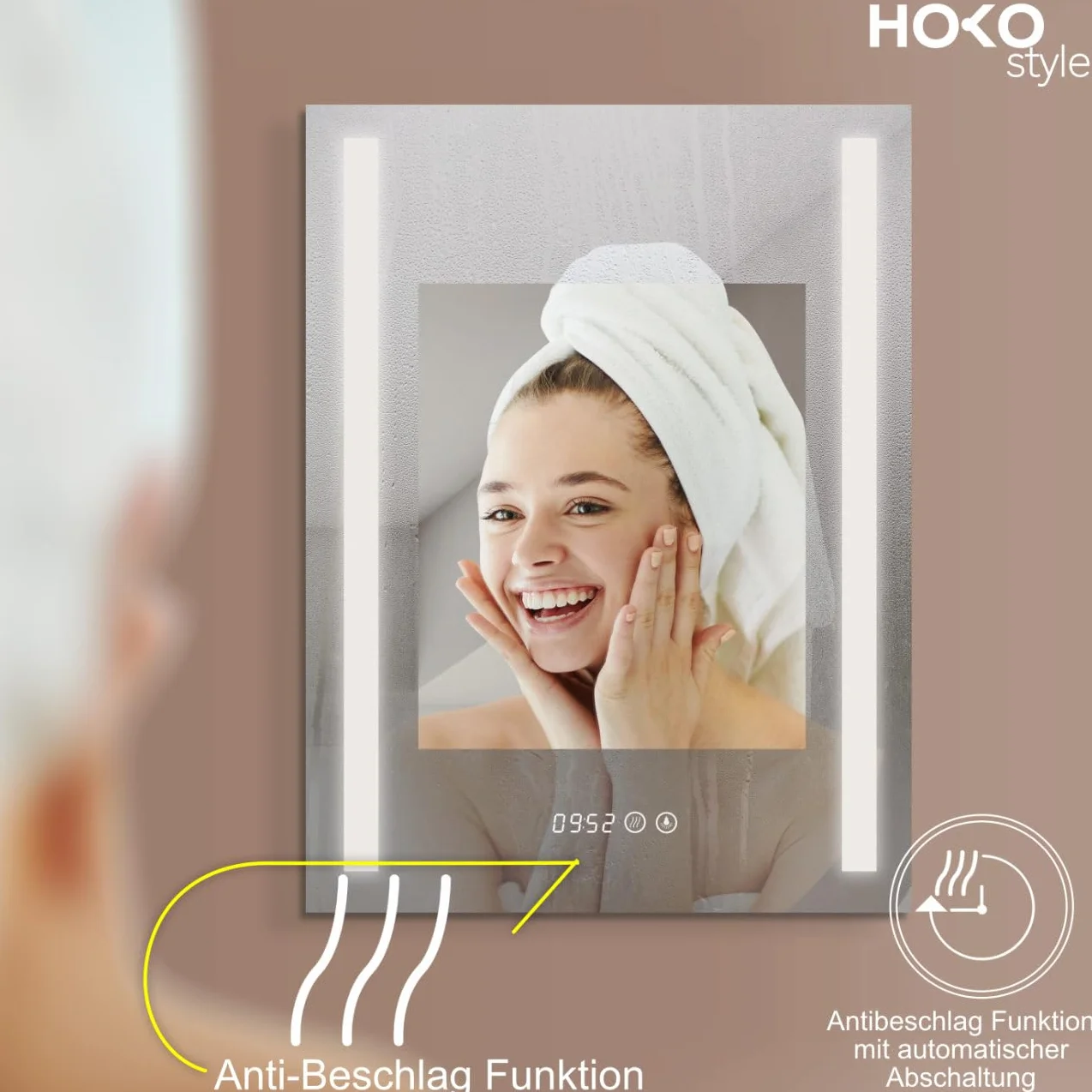 HOKO® Lustro łazienkowe LED 50 x 70 cm z zegarem i lustrzanym ogrzewaniem przeciwmgielnym z oświetleniem + zmianą diod LED, ciepła biel, zimna biel, neutralne