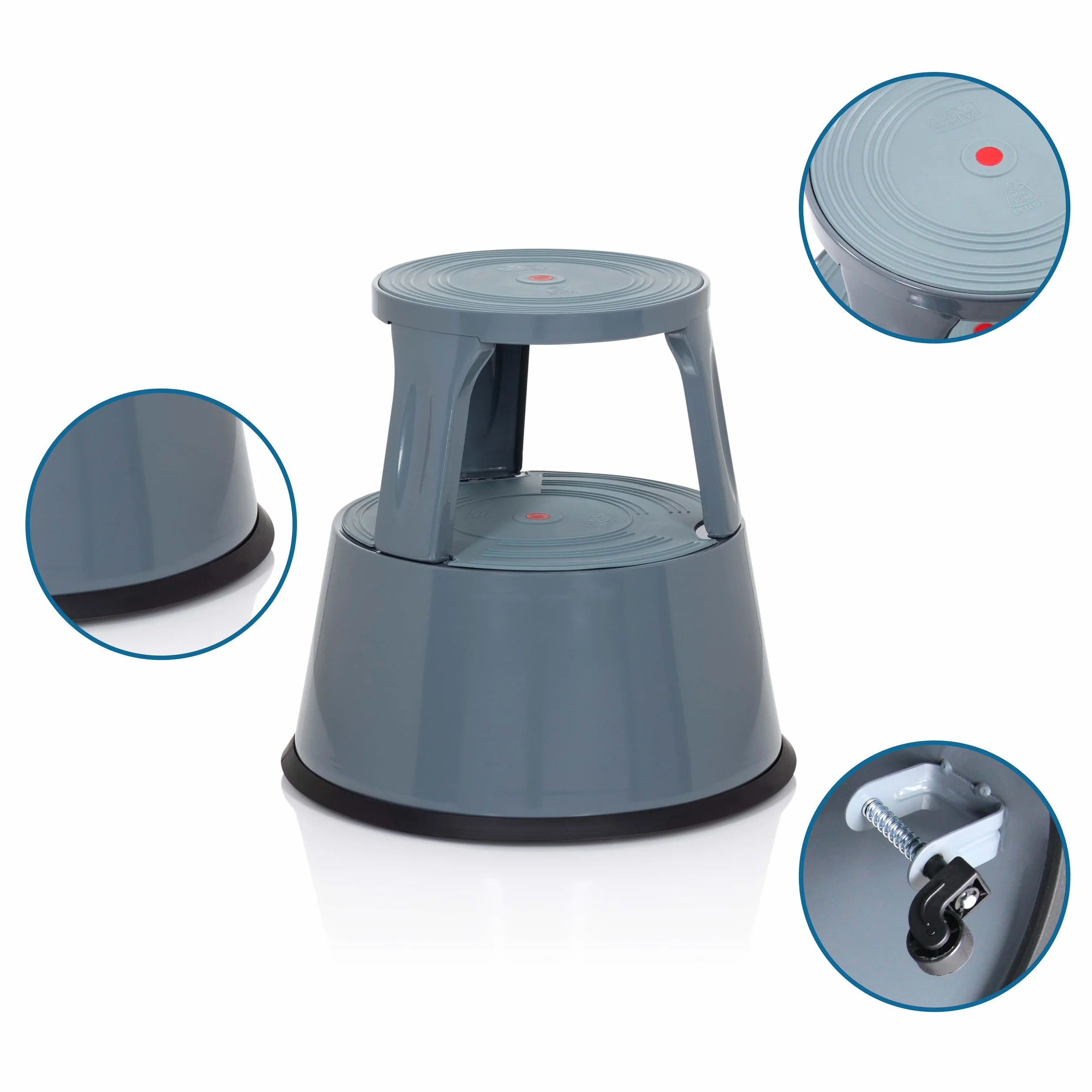 hjh OFFICE Taboret TIO-M II metalowy stopka słonia z atestem TÜV, wysokość 42 cm, obciążenie do 150 kg, z kółkami 830007 szary