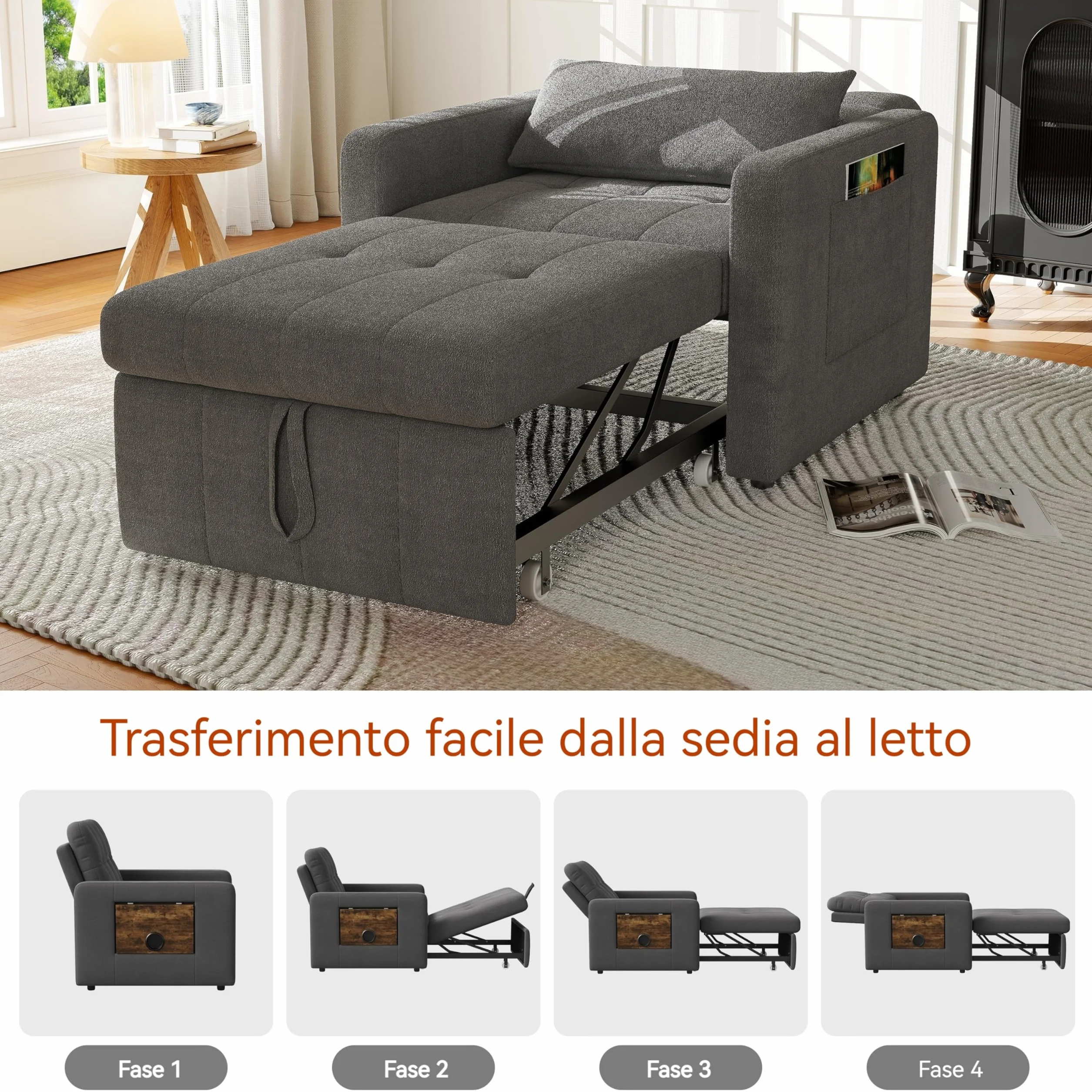 Fotel do spania 3 w 1, konwertowalne krzesło do spania z funkcją łóżka, rozkładana sofa ze składanymi stolikami do herbaty, pojedyncza sofa do spania, regulowany fotel z poduszką (szary, 190 x 108 x